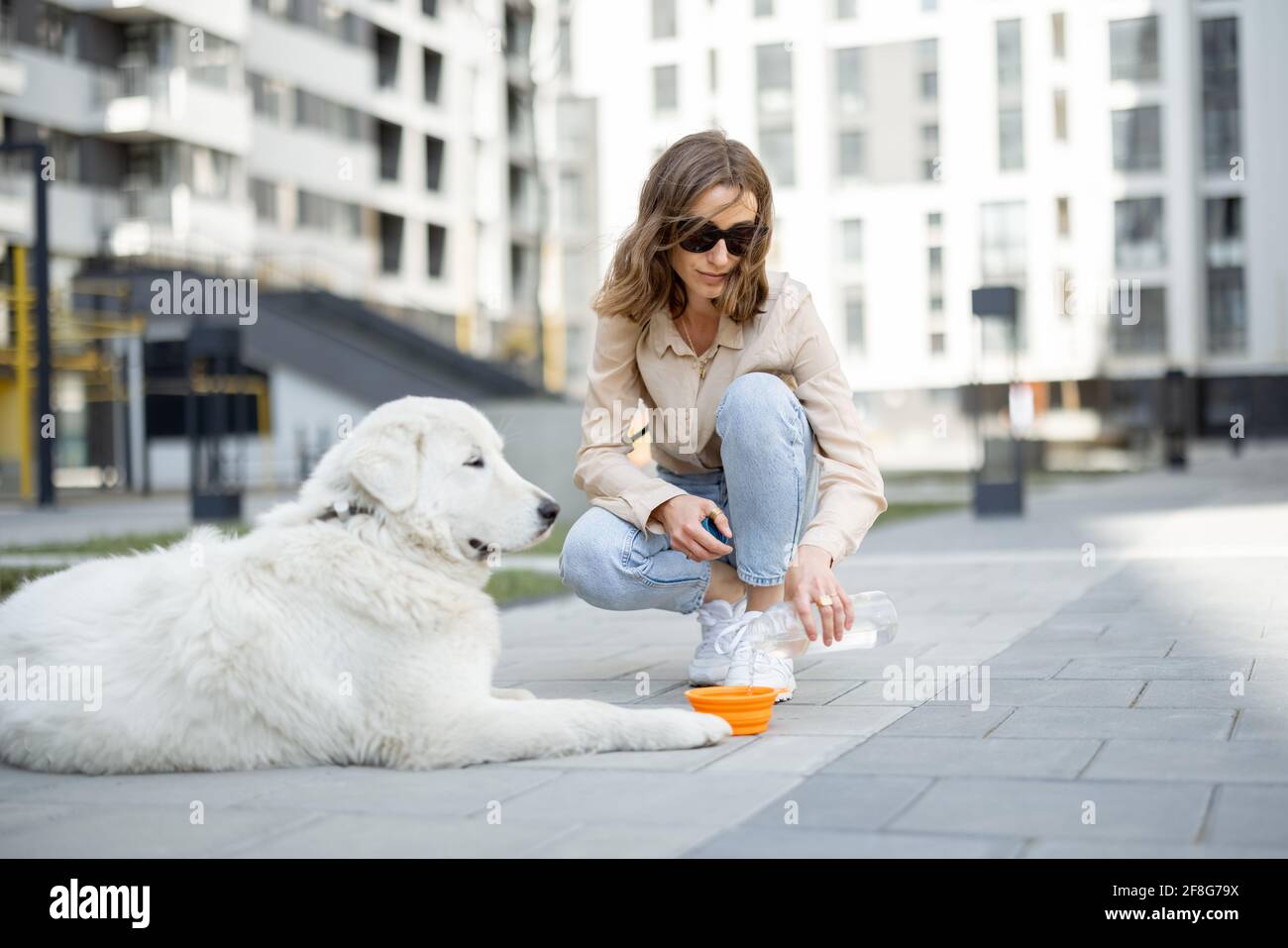 Une femme donne de l'eau dans un bol à son grand chien blanc tout en étant assise sur un banc dans la cour de la résidence. Soins pour animaux, amoureux des animaux. Banque D'Images
