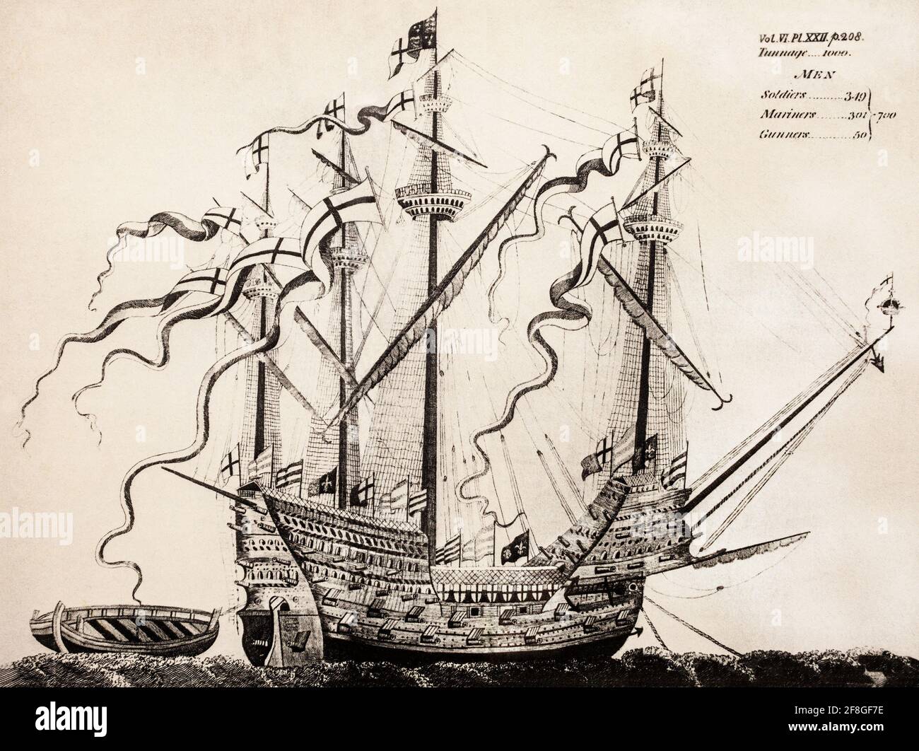 Le Henry Grace à Dieu, alias le Grand Harry, un Carrack anglais de la flotte du Roi au XVIe siècle, tel que représenté dans le rouleau Anthony. À son époque, le plus grand navire de guerre au monde servant de vaisseau amiral d'Henry VIII. Construite par William Bond (maître-navire) sous la direction de Robert Brygandine (commis des navires), elle avait une longueur de 165 pieds (50 m), pesait 1,000 tonnes et avait un effectif de 700 hommes. The Anthony Roll était un enregistrement écrit de navires de la marine anglaise Tudor des années 1540, du nom de son créateur, Anthony Anthony. Banque D'Images