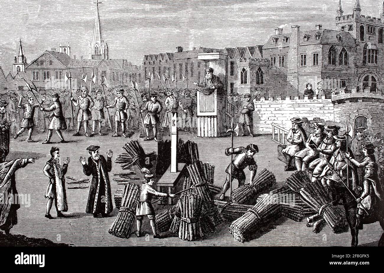 Préparatifs pour l'exécution de deux des martyrs d'Oxford, les protestants ont essayé de l'hérésie en 1555 et ont brûlé les enjeux à Oxford, en Angleterre, pour leurs croyances et enseignements religieux, pendant la persécution des Mariens en Angleterre. Les deux étaient les évêques anglican Hugh Latimer (1487-1555), l'aumônier de l'Église d'Angleterre du roi Edward VI et Nicholas Ridley (1500-1555), l'évêque anglais de Londres et un supporter de Lady Jane Gray. Banque D'Images