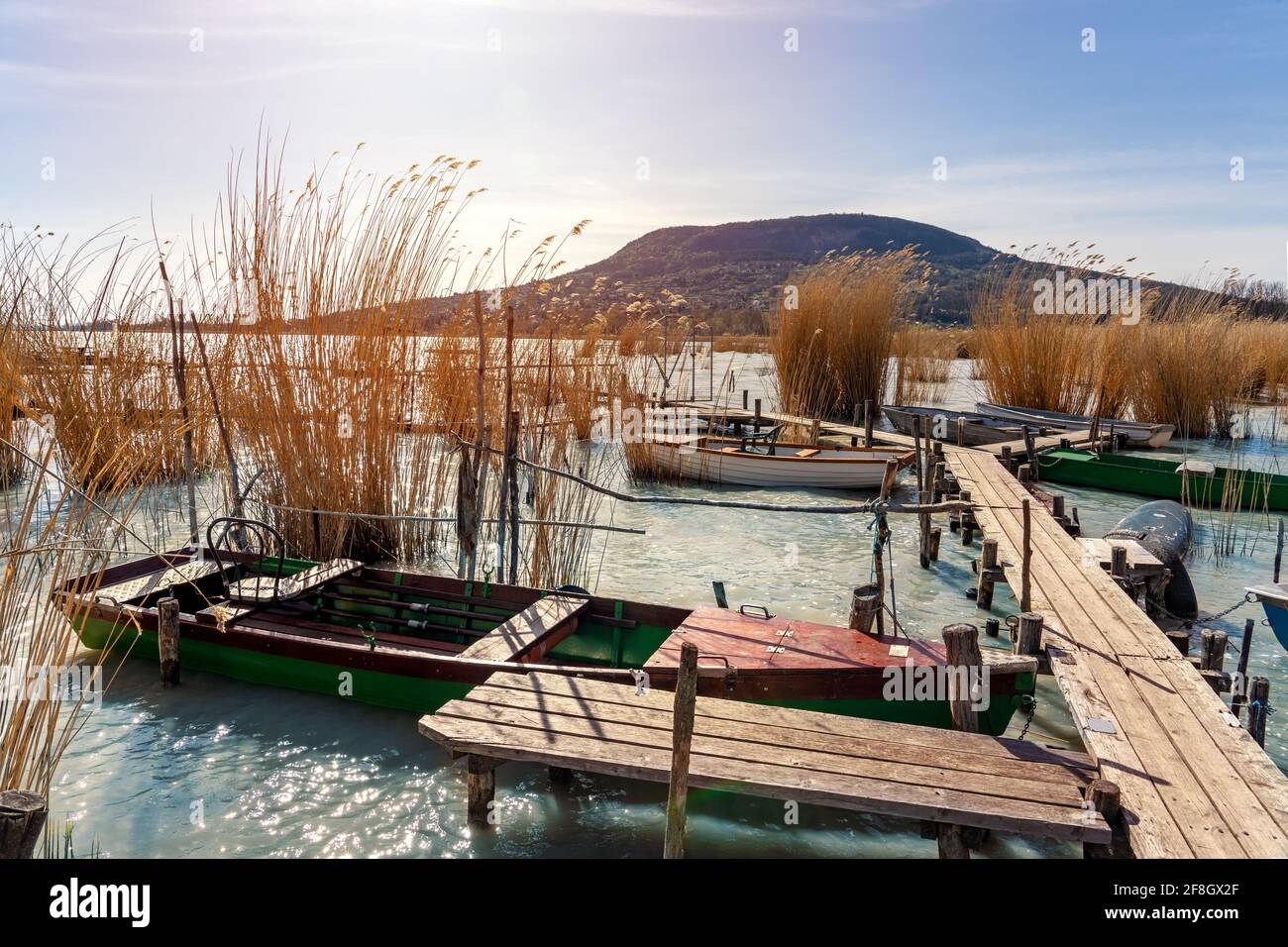 Lac Balaton avec un bateau dans le roseau Badacsony colline arrière-plan . Banque D'Images