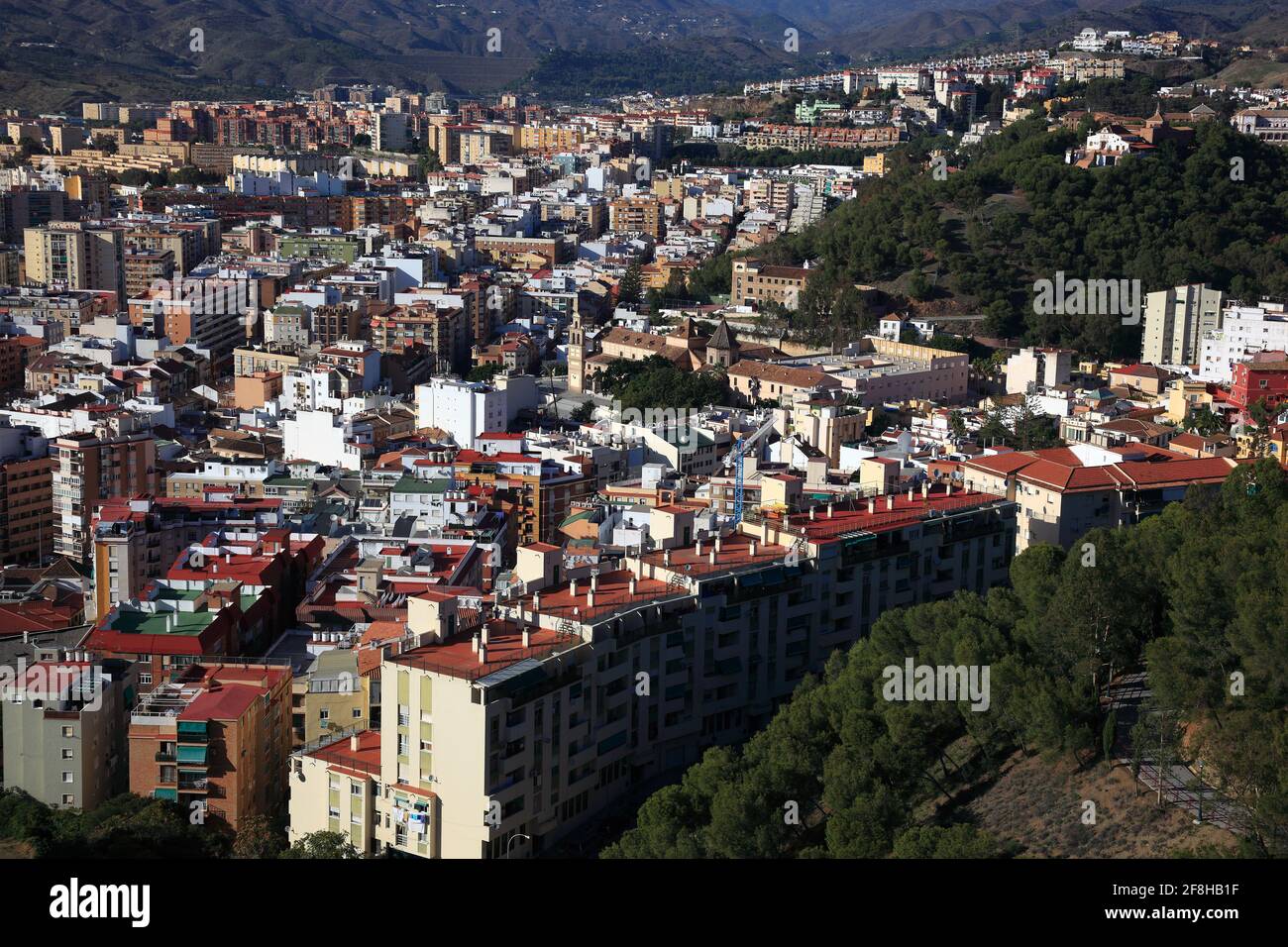 Malaga, vue du château Castillo de Gibsalfaro à une partie de la ville, Espagne, Andalousie Banque D'Images