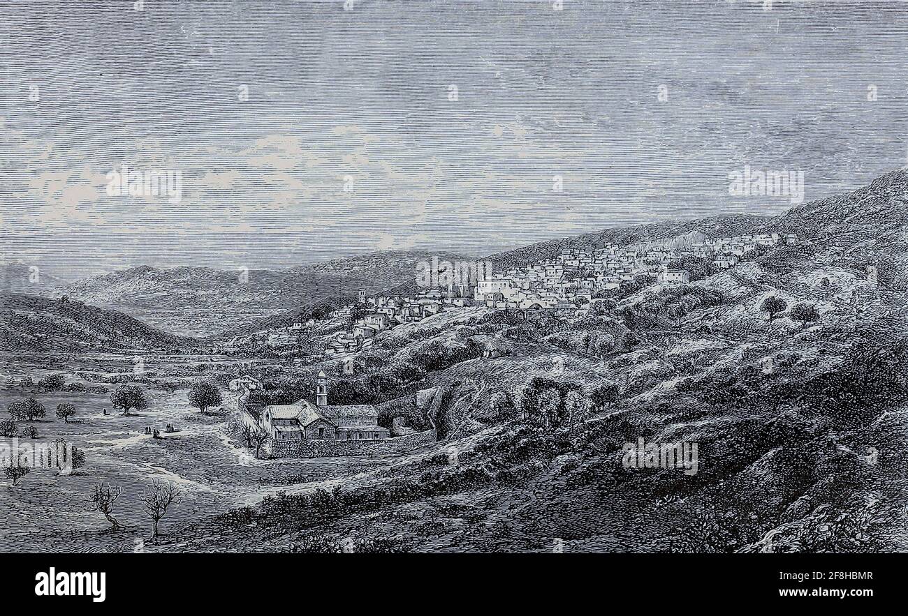 Nazareth Cityscape, tiré du livre "ces champs saints : Palestine, illustré par un crayon et un stylo" de Manning, Samuel, 1822-1881; Société religieuse de la tractes (Grande-Bretagne) publié en 1874 Banque D'Images