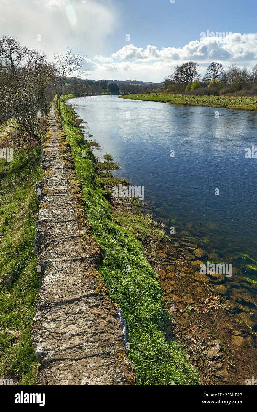 Le Battery Dyke le long de la rivière Tweed par Newstead lors d'une journée de printemps ensoleillée. Banque D'Images