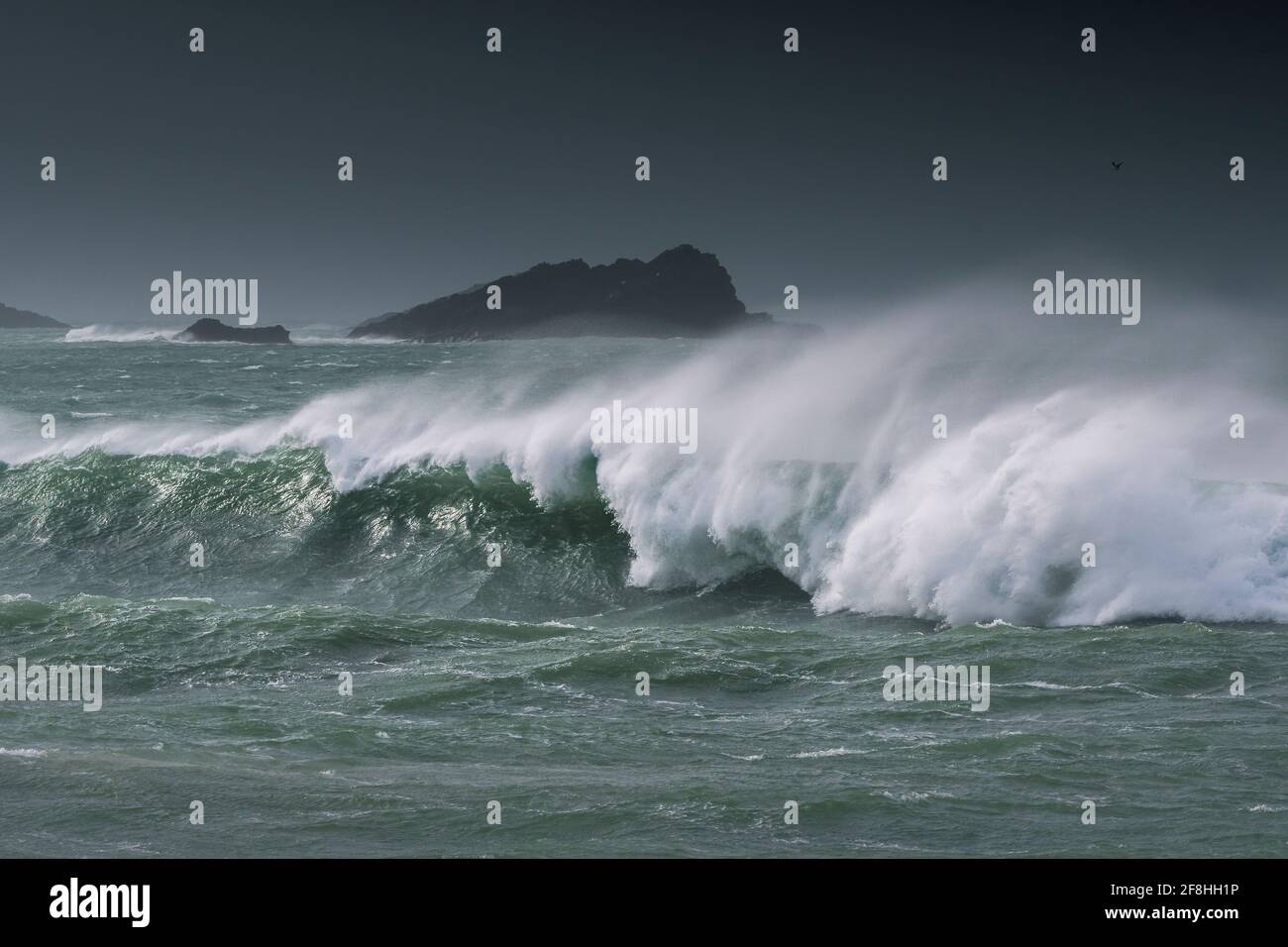 Une image panoramique des vagues sauvages qui se brisent et de la mer bâclée Autour de l'île Goose au large de la pointe de Pentire point East À Fistral Bay, à Newquay, à Cornw Banque D'Images