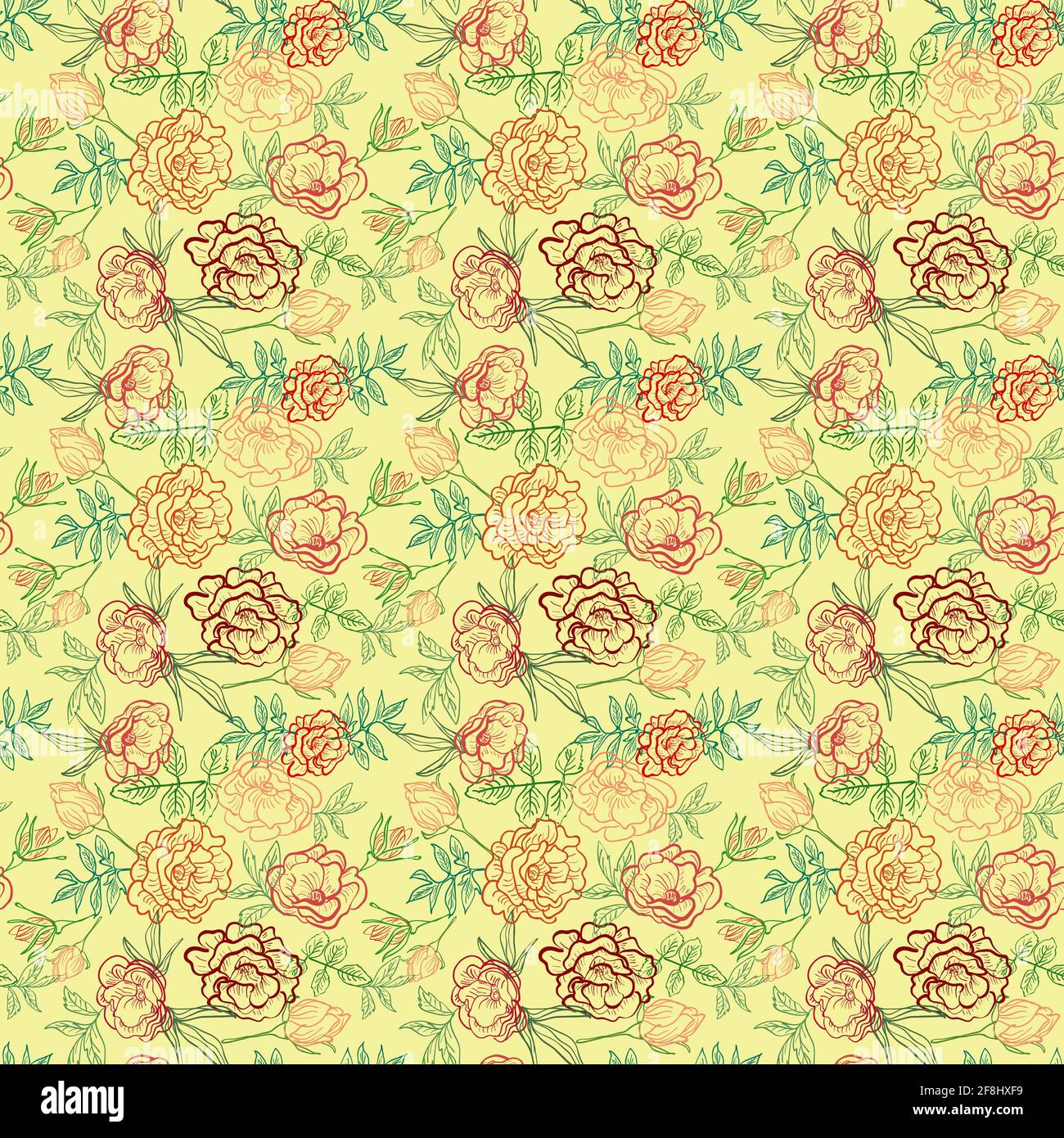 Motif fleuri sans couture sur fond jaune avec les roses peintes dans le style de contour Illustration de Vecteur