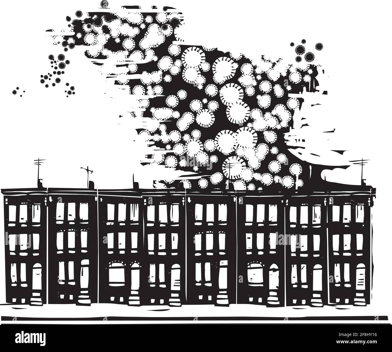 Image de style expressionniste de coupe de bois du virus de covid se propageant dans le centre-ville Illustration de Vecteur