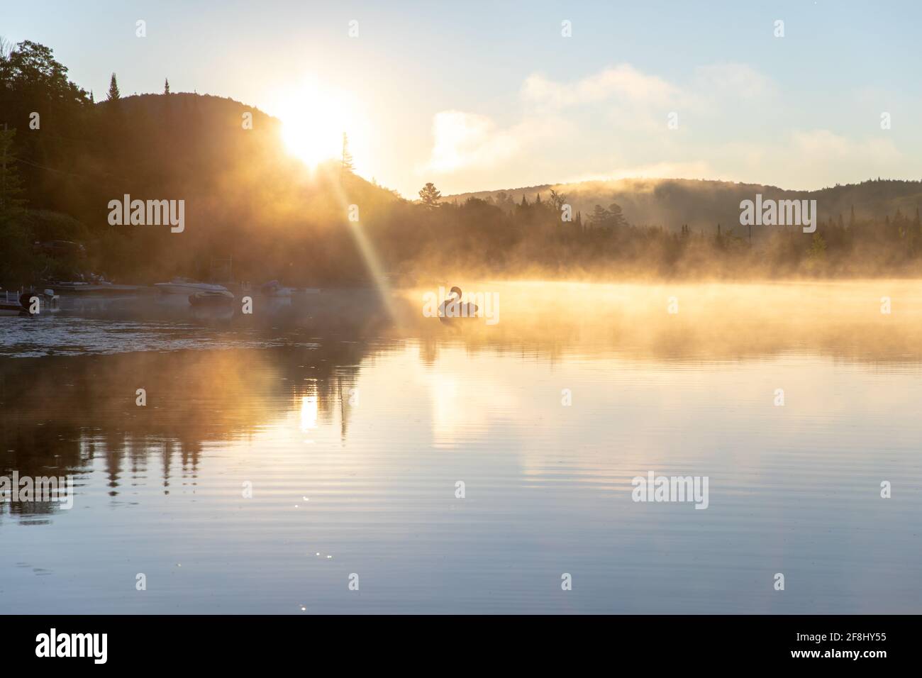 jouet gonflable sur un lac très calme le matin avec des rayons de soleil jaune vif Banque D'Images