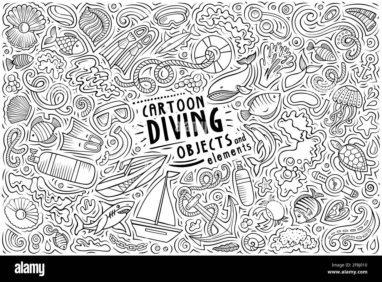 Dessin au trait vectoriel Doodle dessiné à la main, ensemble d'objets, de symboles et de thèmes de plongée Illustration de Vecteur