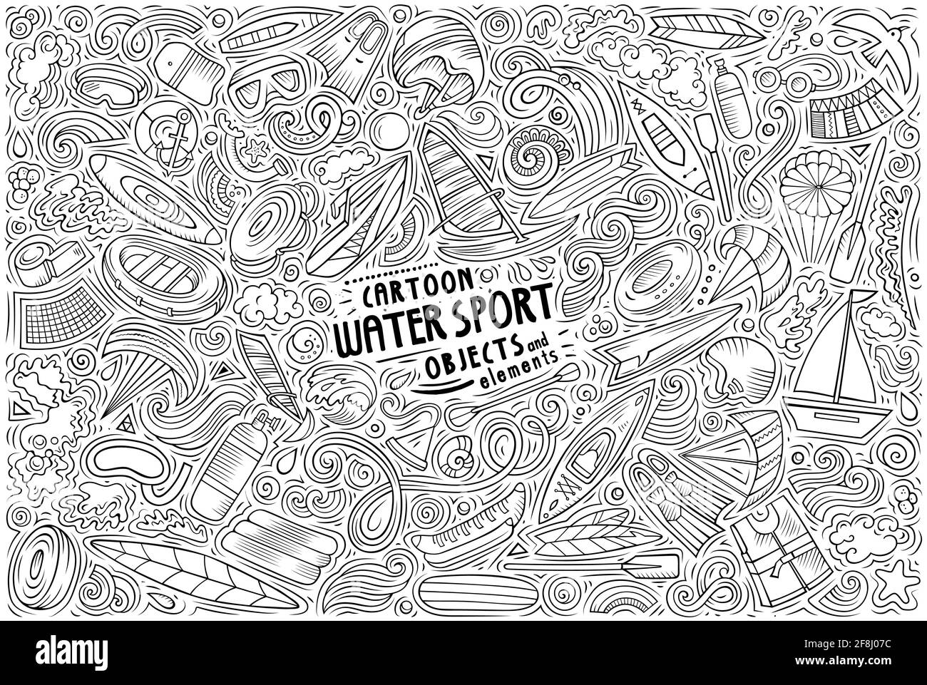 Dessin au trait vectoriel Doodle dessiné à la main ensemble de dessins animés de sports nautiques thèmes, objets et symboles Illustration de Vecteur