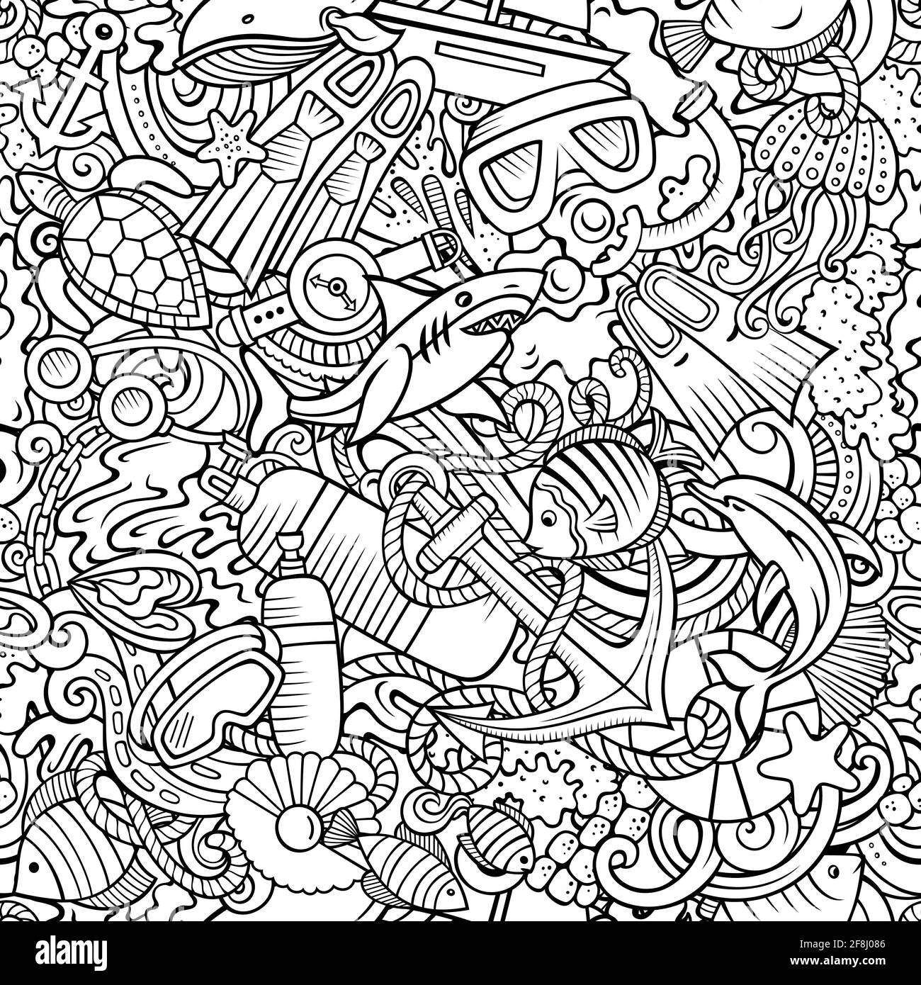 Dessins animés motif de plongée sans couture. Toile de fond avec symboles et articles de plongée avec tuba. Dessin au trait arrière-plan détaillé pour l'impression sur tissu, textile, téléphone Illustration de Vecteur