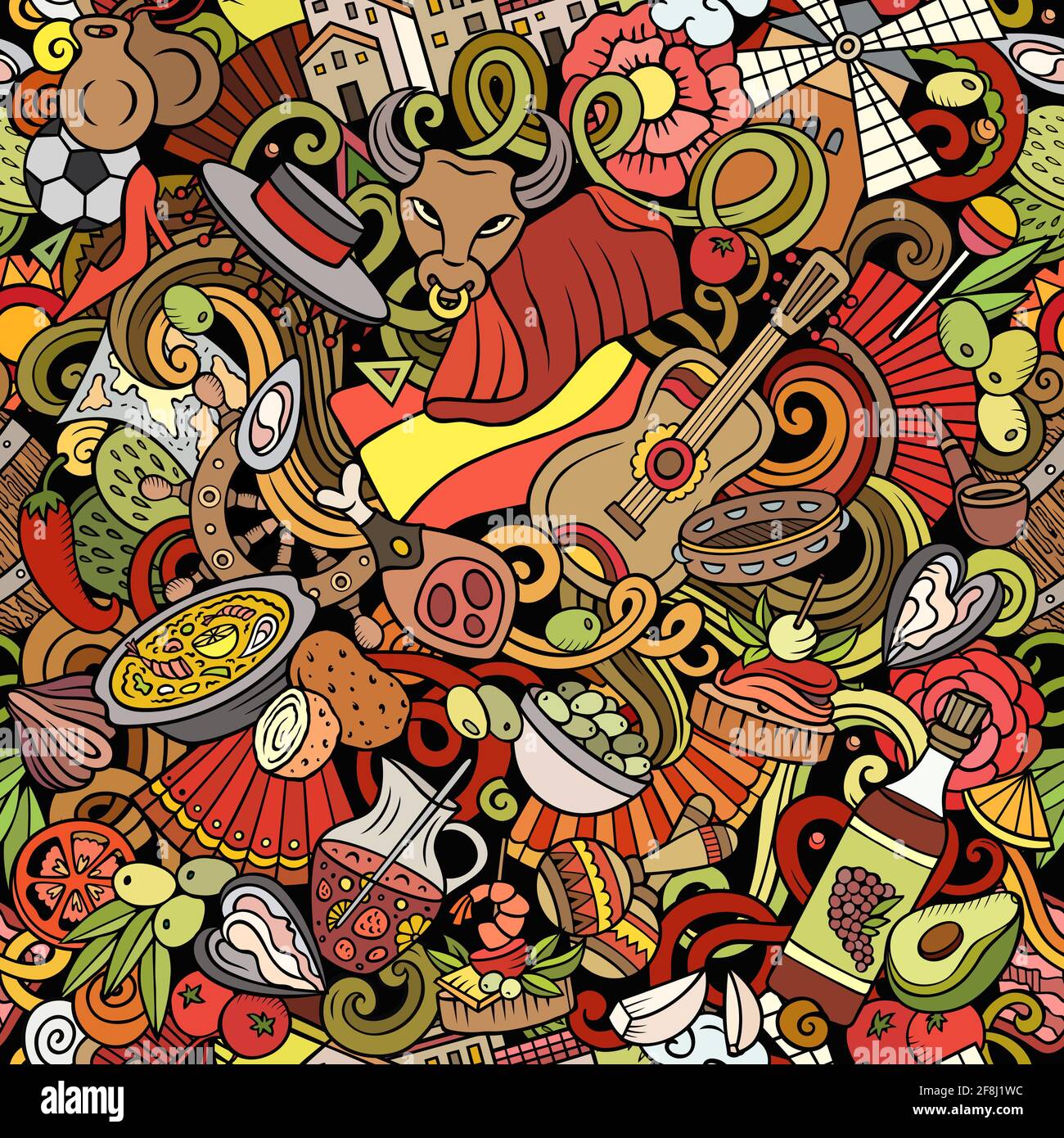 Dessin animé griffés Espagne motif sans couture. Toile de fond avec des symboles et des articles de la culture espagnole. Détails colorés, avec beaucoup d'objets en arrière-plan pour l'impression Illustration de Vecteur