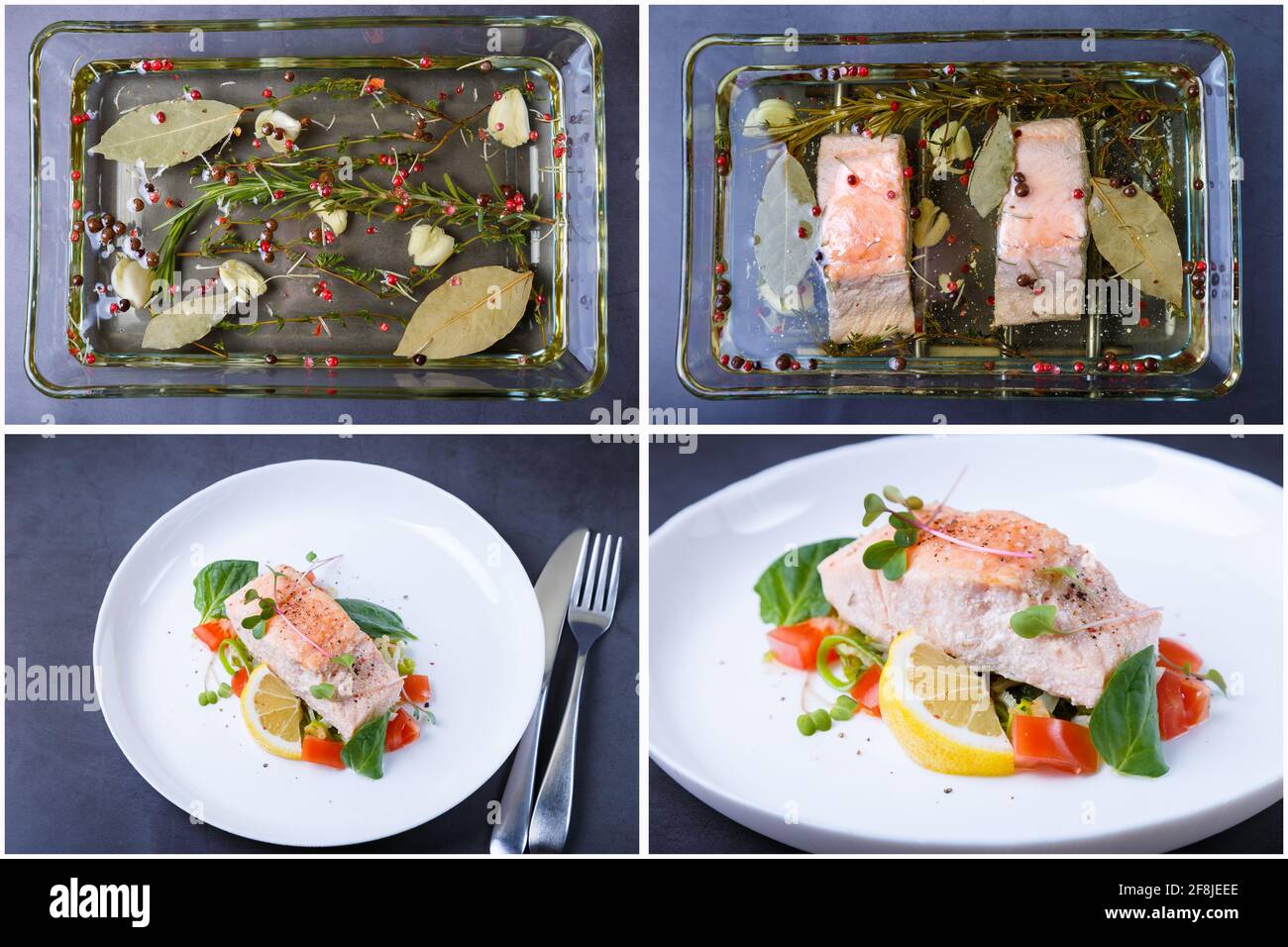 Truite (saumon) aux légumes, citron et microverts, cuite selon la méthode de la confit. Plat français traditionnel. Recette étape par étape. Gros plan. Banque D'Images