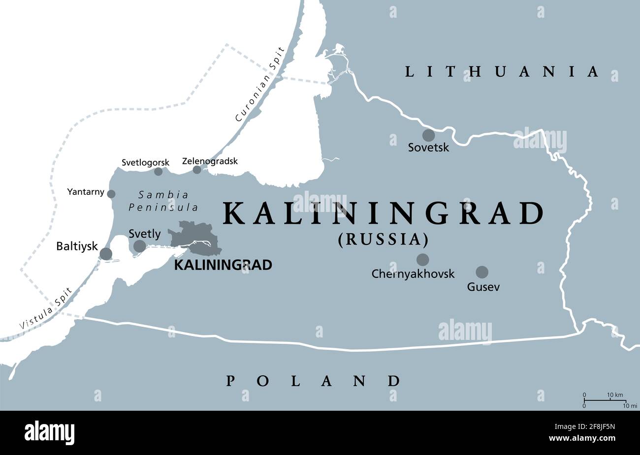Région de Kaliningrad, carte politique grise. Oblast de Kaliningrad, sujet fédéral et semi-enclave de Russie, situé sur la côte de la mer Baltique. Banque D'Images