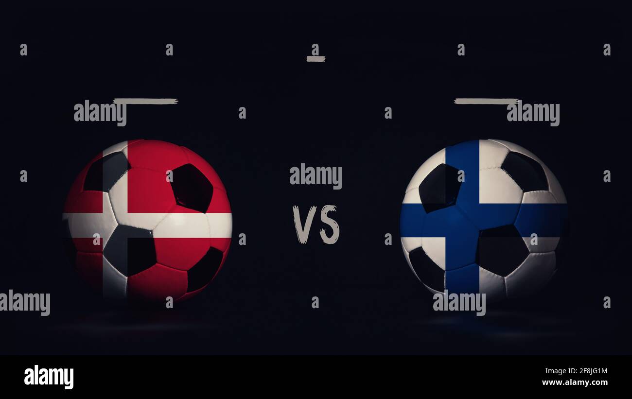 Danemark contre Finlande : annonce du match de football Euro 2020. Deux ballons de football avec drapeaux de pays, montrant l'infographie du match, isolés sur le backgro noir Banque D'Images