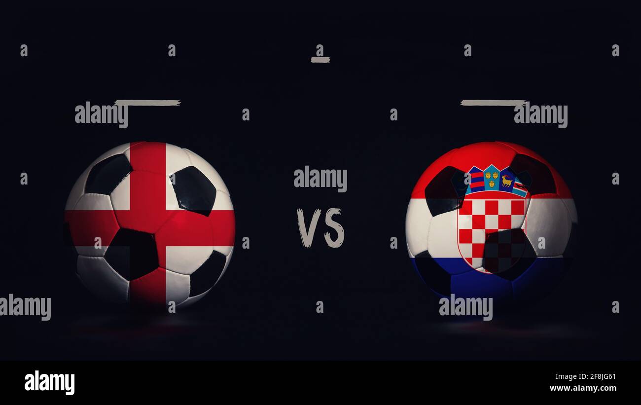 L'Angleterre contre la Croatie Euro 2020 annonce de match de football. Deux ballons de football avec drapeaux de pays, montrant l'infographie du match, isolés sur le backgro noir Banque D'Images