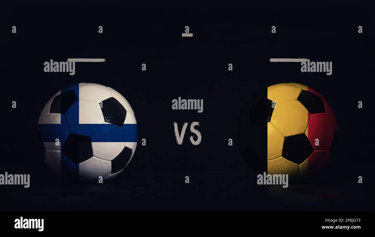 Finlande Contre Belgique Annonce Du Match De Football Euro Deux Ballons De Football Avec Drapeaux De Pays Montrant L Infographie Du Match Isoles Sur Le Backgro Noir Photo Stock Alamy