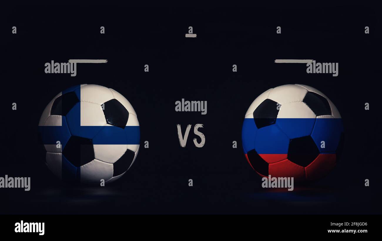 Finlande contre Russie Euro 2020 annonce de match de football. Deux ballons de football avec drapeaux de pays, montrant l'infographie du match, isolés sur le backgrou noir Banque D'Images