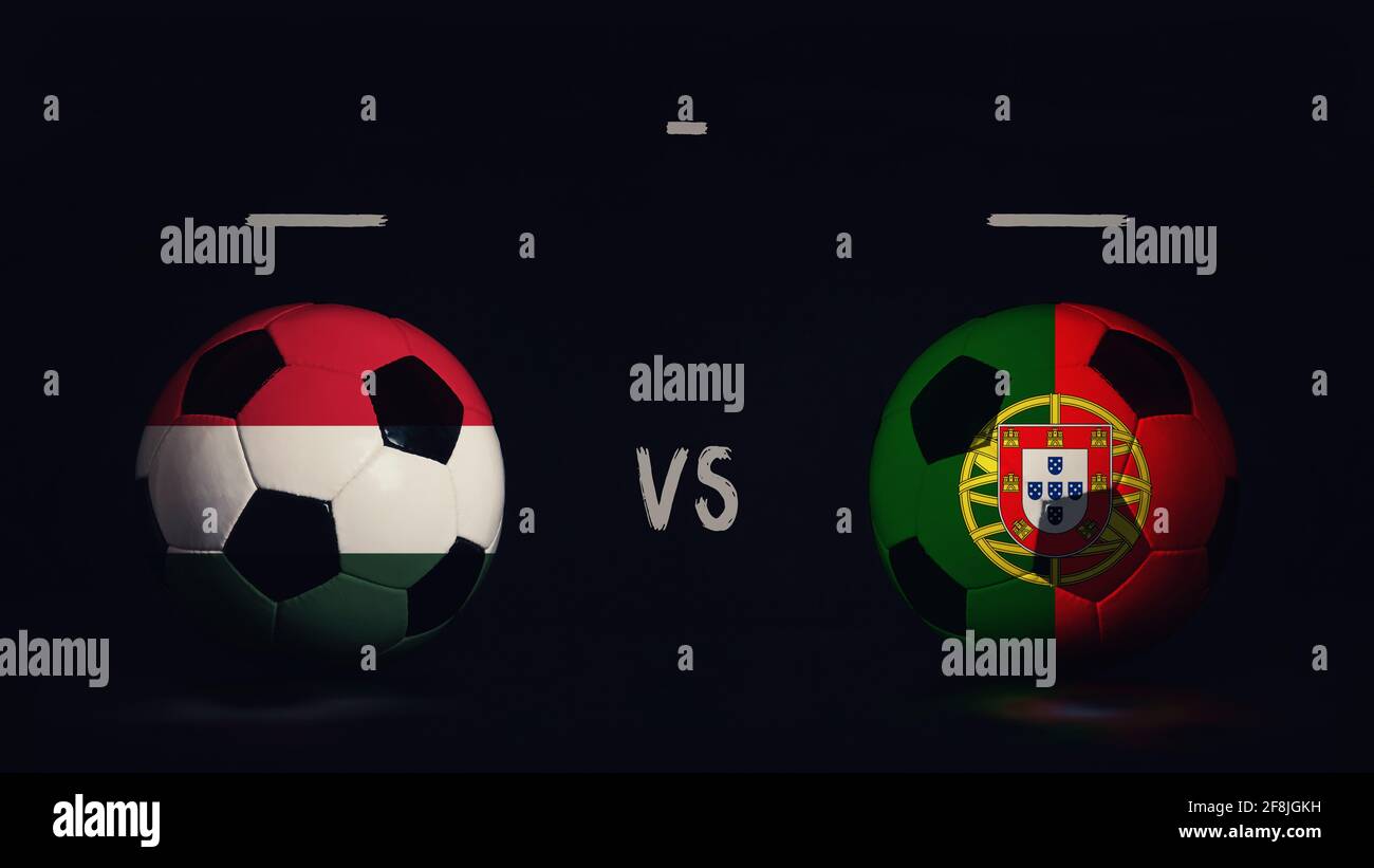 Hongrie contre Portugal annonce du match de football Euro 2020. Deux ballons de football avec drapeaux de pays, montrant l'infographie du match, isolés sur le dos noir Banque D'Images