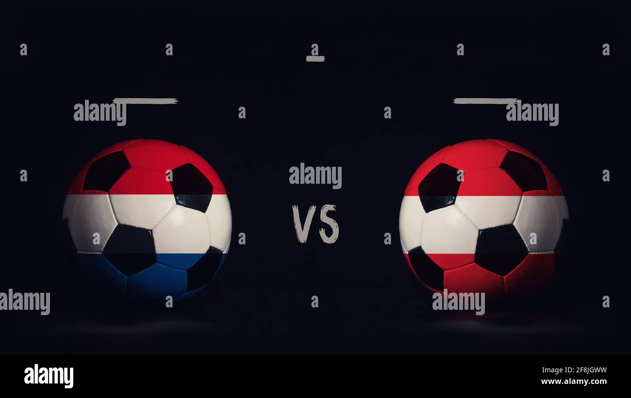 Pays-Bas contre Autriche Euro 2020 annonce de match de football. Deux ballons de football avec drapeaux de pays, montrant l'infographie du match, isolés sur le bac noir Banque D'Images