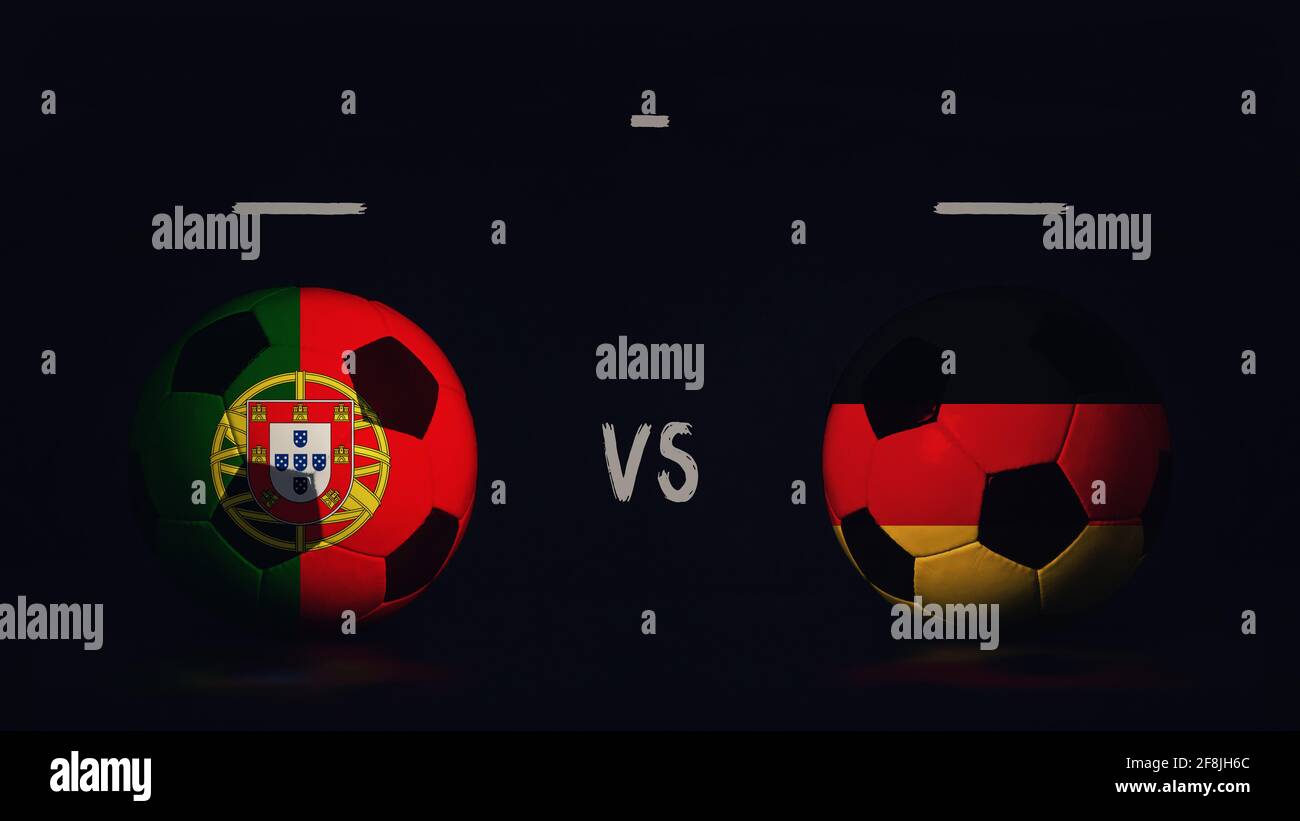 Portugal contre Allemagne annonce du match de football Euro 2020. Deux ballons de football avec drapeaux de pays, montrant l'infographie du match, isolés sur le dos noir Banque D'Images