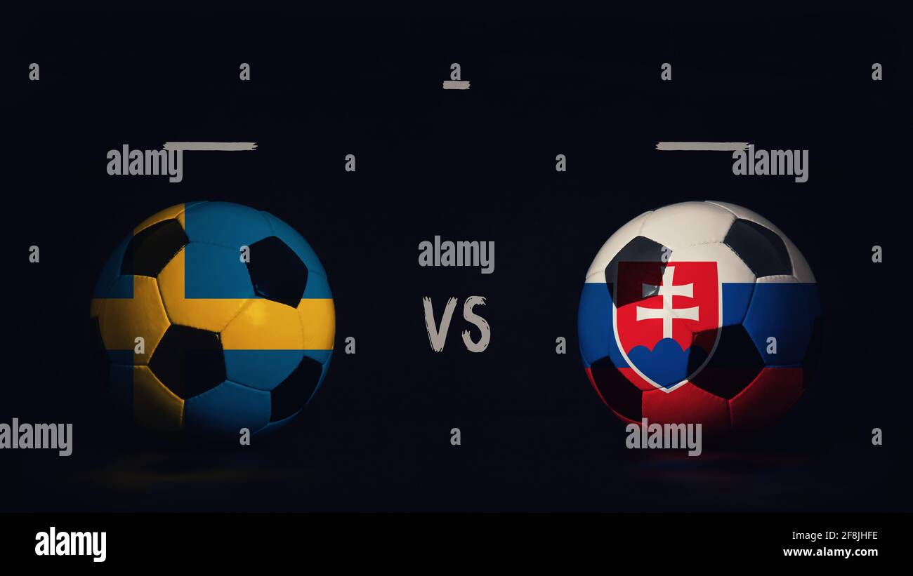 Suède contre Slovaquie annonce de match de football Euro 2020. Deux ballons de football avec drapeaux de pays, montrant l'infographie du match, isolés sur le backgro noir Banque D'Images