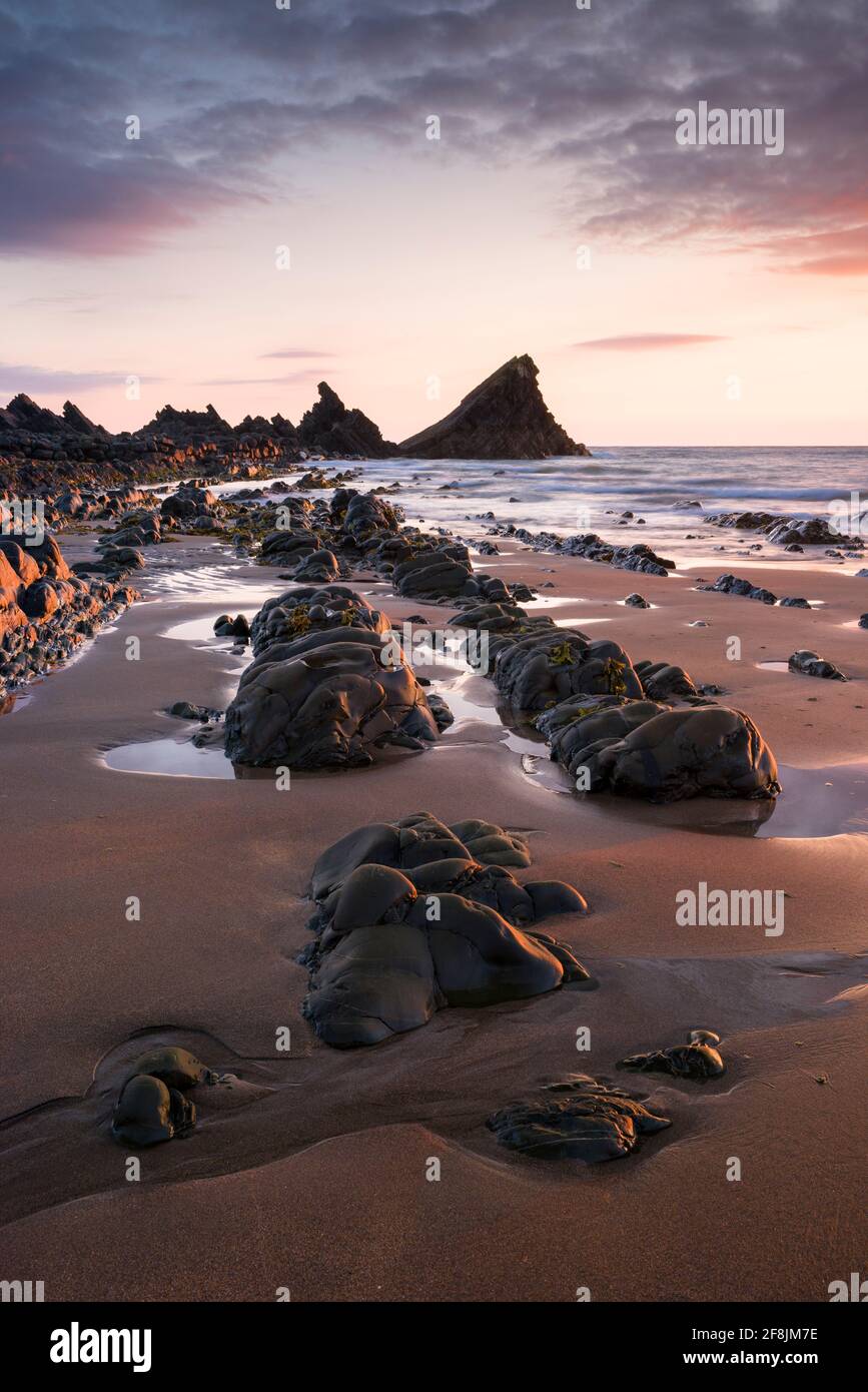 La plage exposée à marée basse à Hartland Quay dans le North Devon Coast National Landscape au coucher du soleil, Angleterre. Banque D'Images