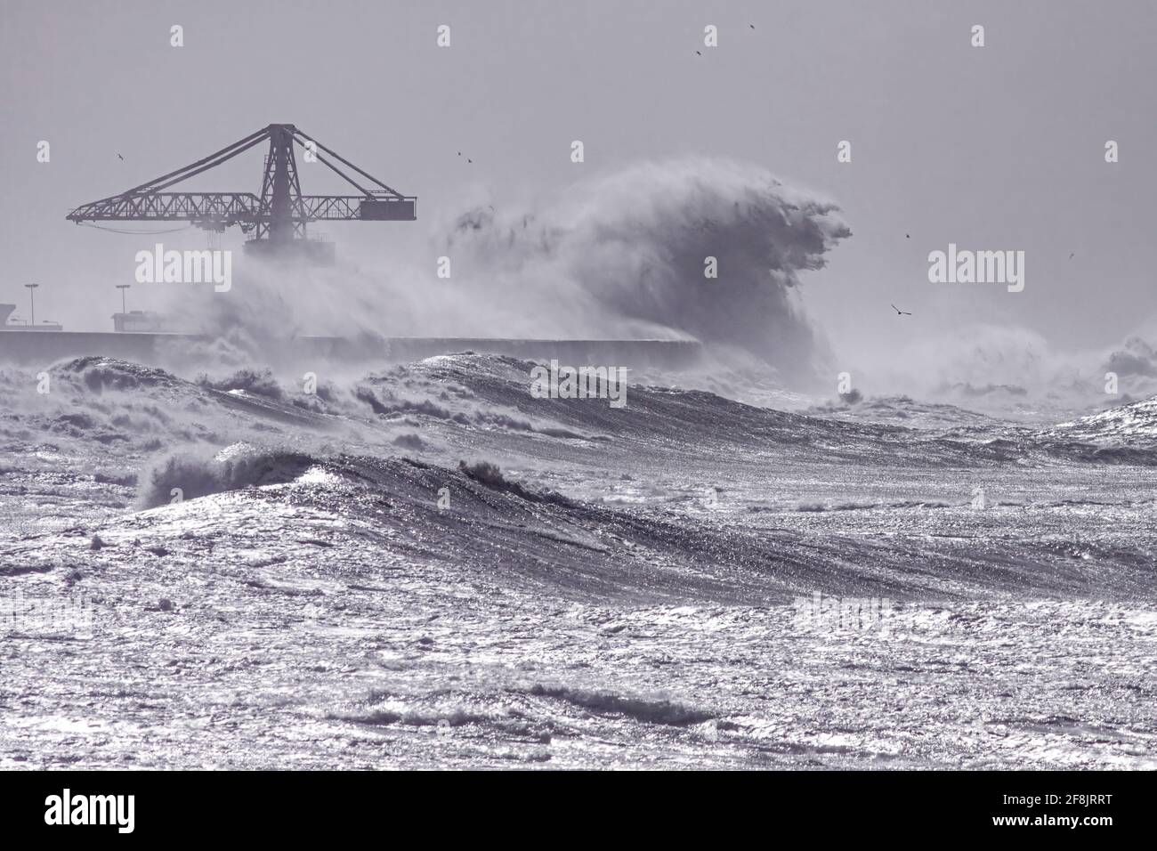 Leixoes port mur nord sous une forte tempête. Bleu ton. Banque D'Images