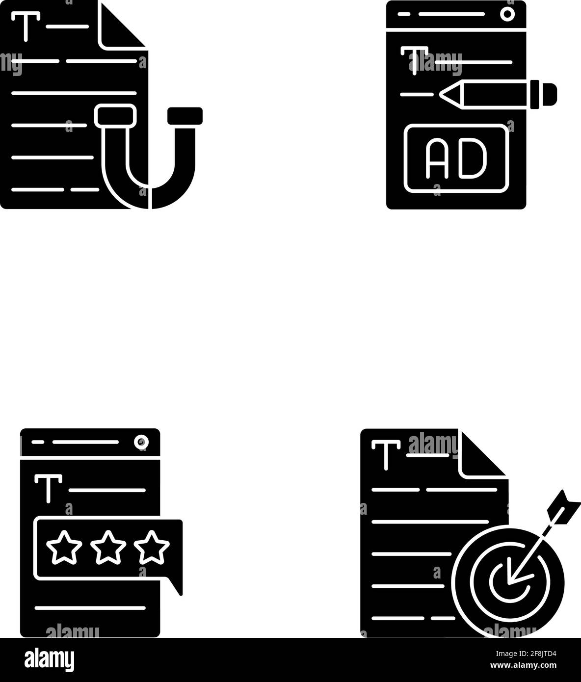 Contenu en ligne captivant icônes de glyphe noir définies sur un espace blanc Illustration de Vecteur
