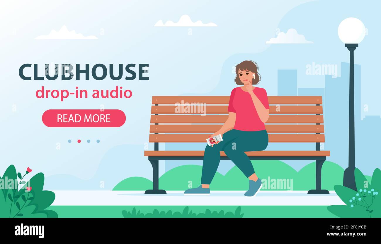 Réseau social Clubhouse sur invitation uniquement basé sur le chat audio. Femme assise sur le banc et écoutant le podcast avec des orateurs célèbres Illustration de Vecteur