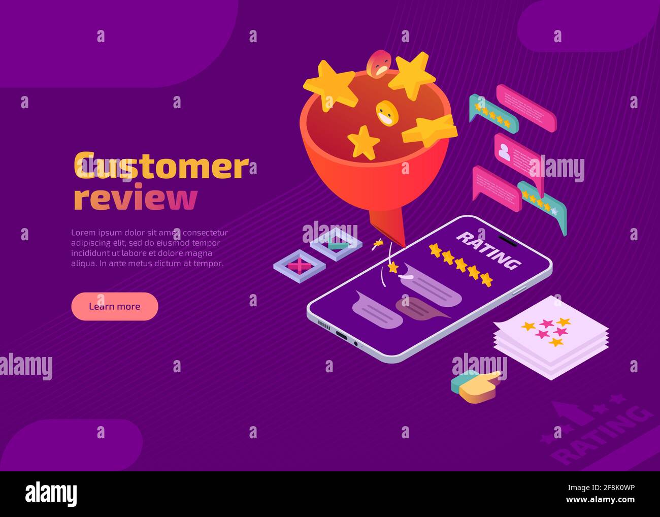 Page de renvoi isométrique de l'avis du client. Les smileys et les étoiles dorées tombent dans l'entonnoir et l'évaluation des clients s'affiche dans l'application sur l'écran du smartphone. Satisfaction des clients, rétroaction et concept de meilleur résultat. Illustration de Vecteur