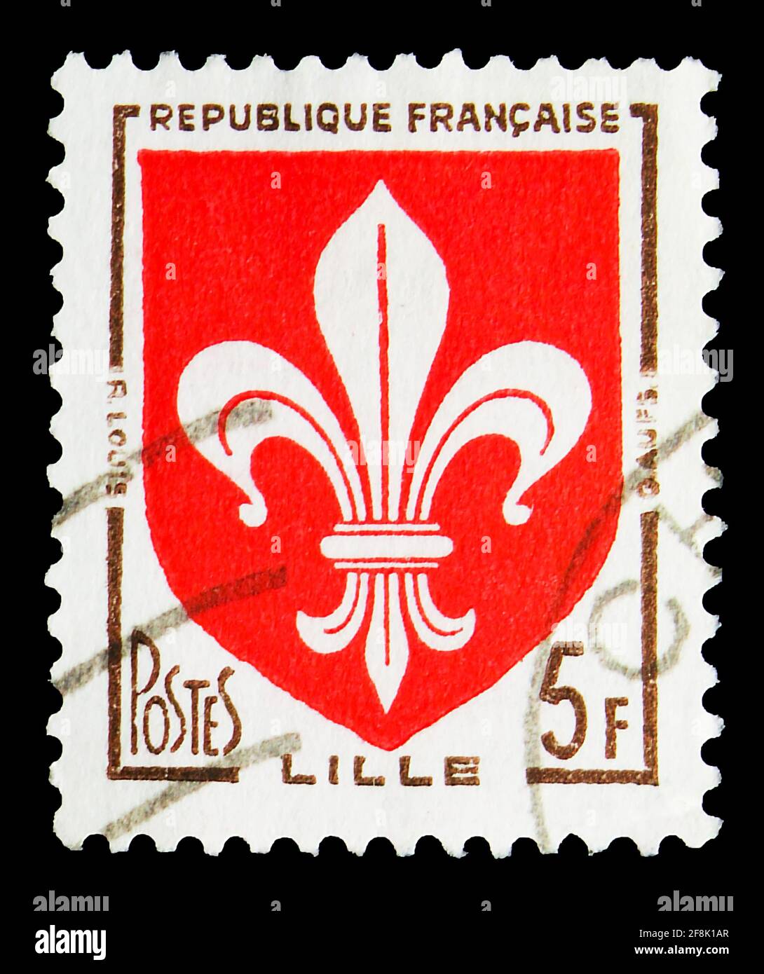 MOSCOU, RUSSIE - 7 OCTOBRE 2019 : le timbre-poste imprimé en France montre Lille, série de blouses d'armes, 5 - franc français, vers 1958 Banque D'Images