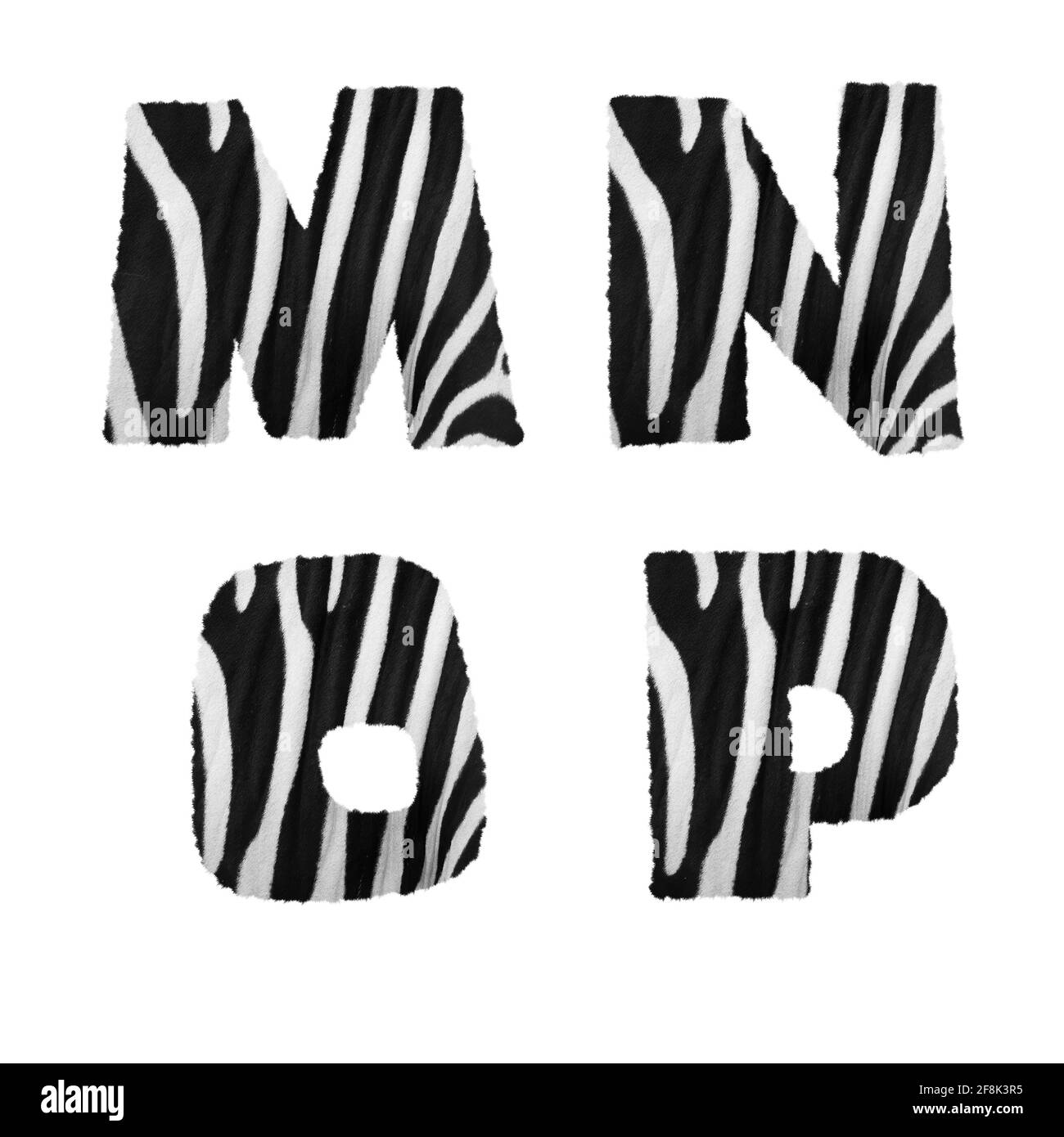 Rendu 3D de l'alphabet zébré en fourrure - lettres M-P. Banque D'Images