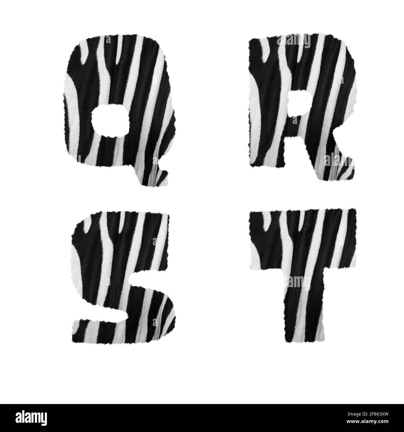 Rendu 3D de l'alphabet zébré de fourrure - lettres Q-T. Banque D'Images