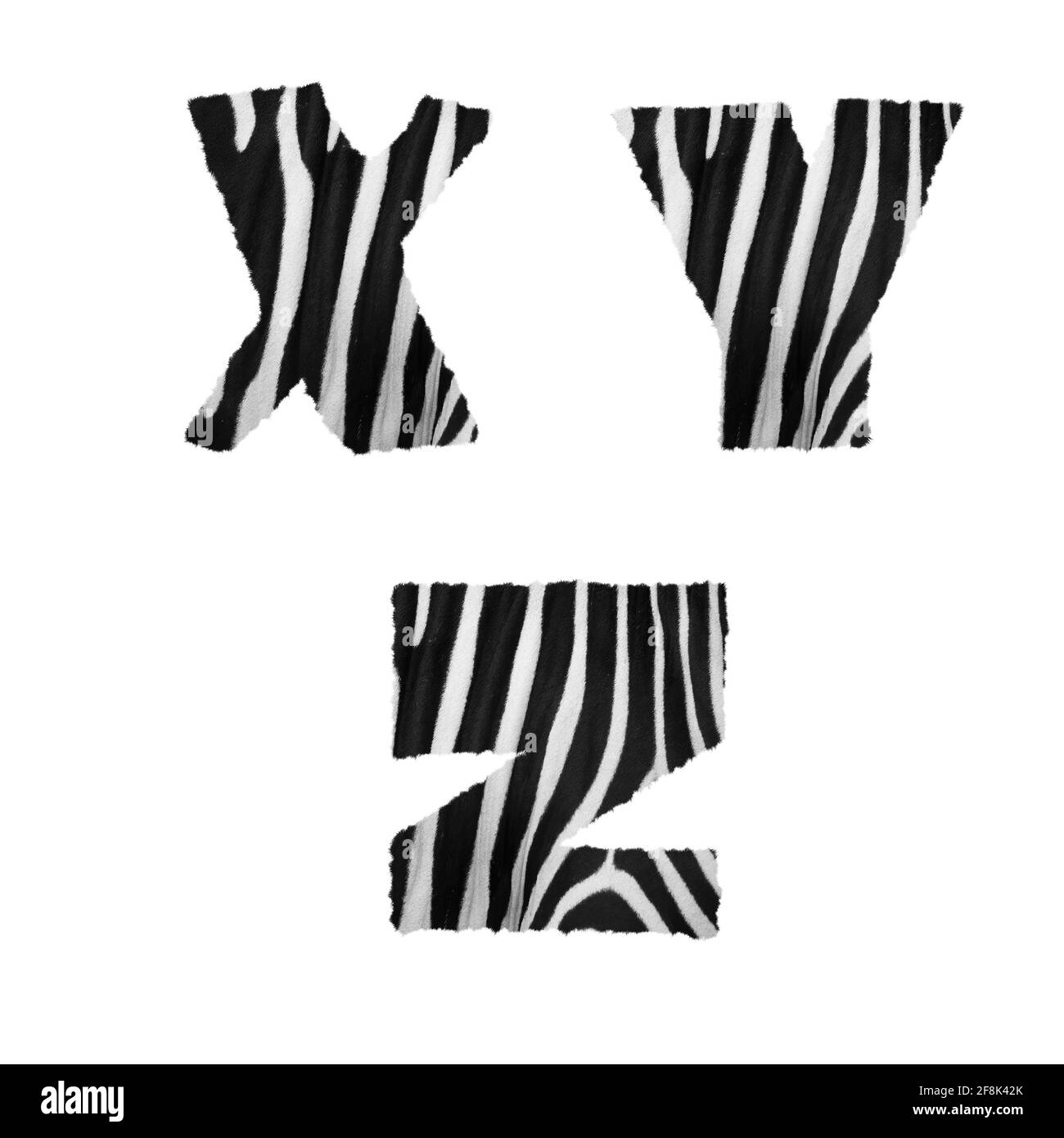Rendu 3D de l'alphabet zébré en fourrure - lettres X-Z. Banque D'Images
