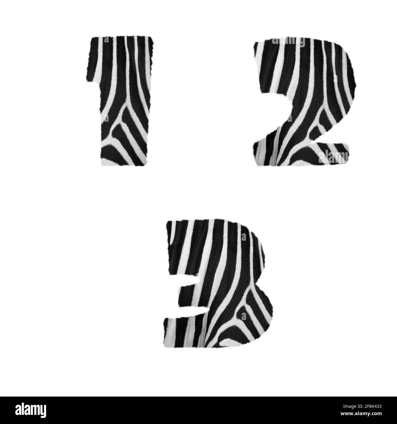 Rendu 3D de l'alphabet zébré en fourrure - chiffres 1-3 Banque D'Images