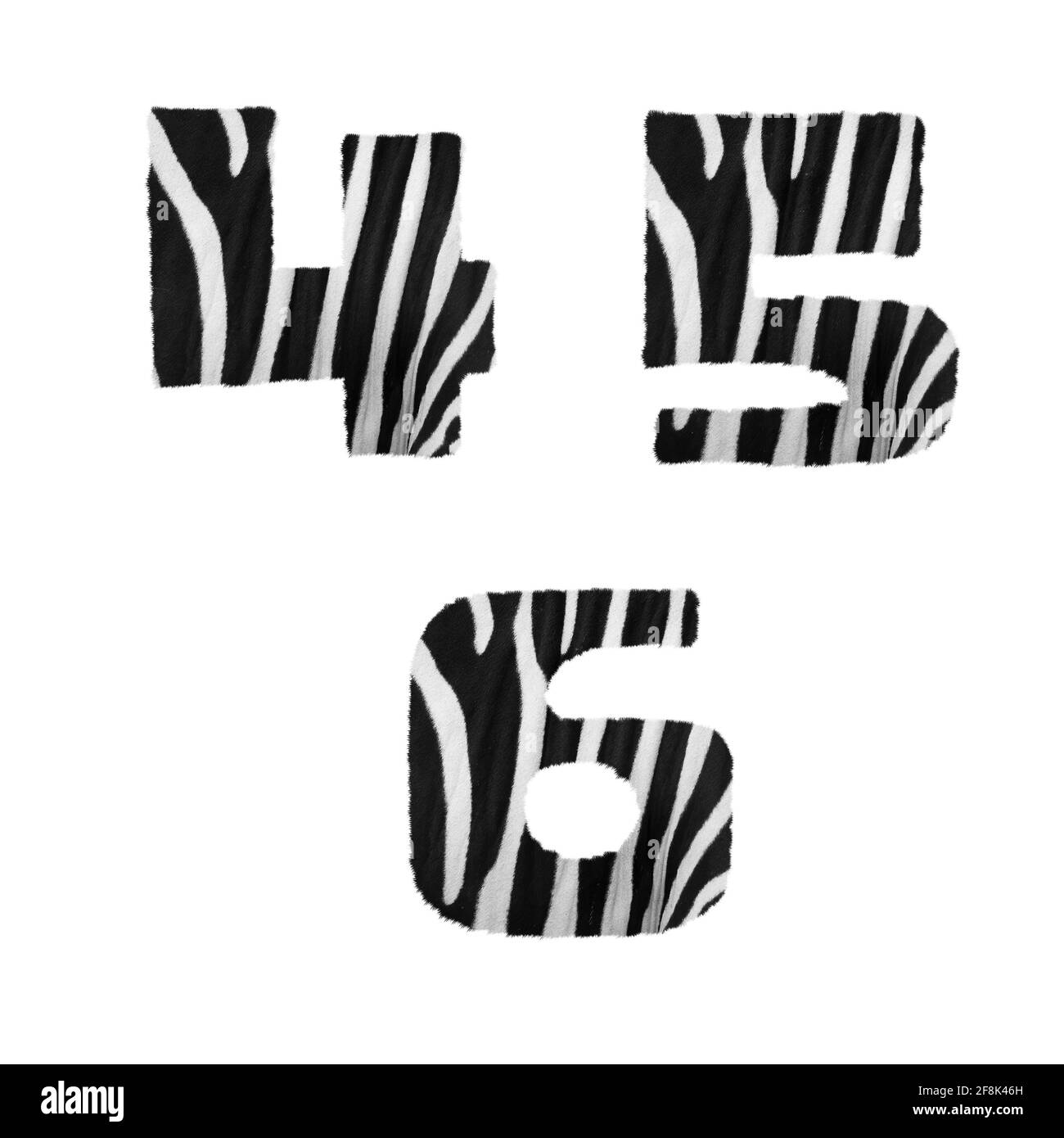 Rendu 3D de l'alphabet zébré en fourrure - chiffres 4-6 Banque D'Images