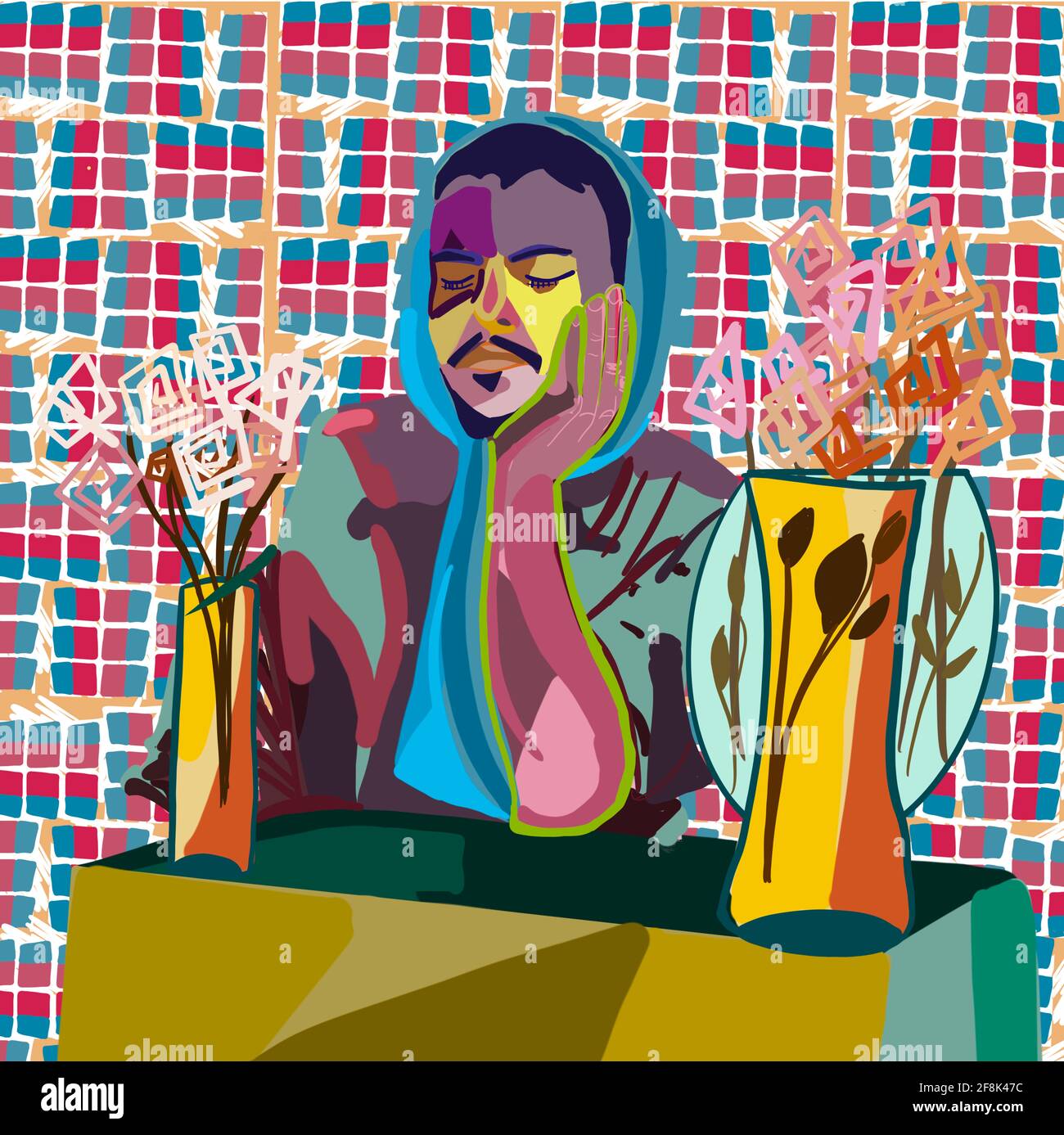 homme de sexe assis à la table avec des fleurs cubisme Banque D'Images