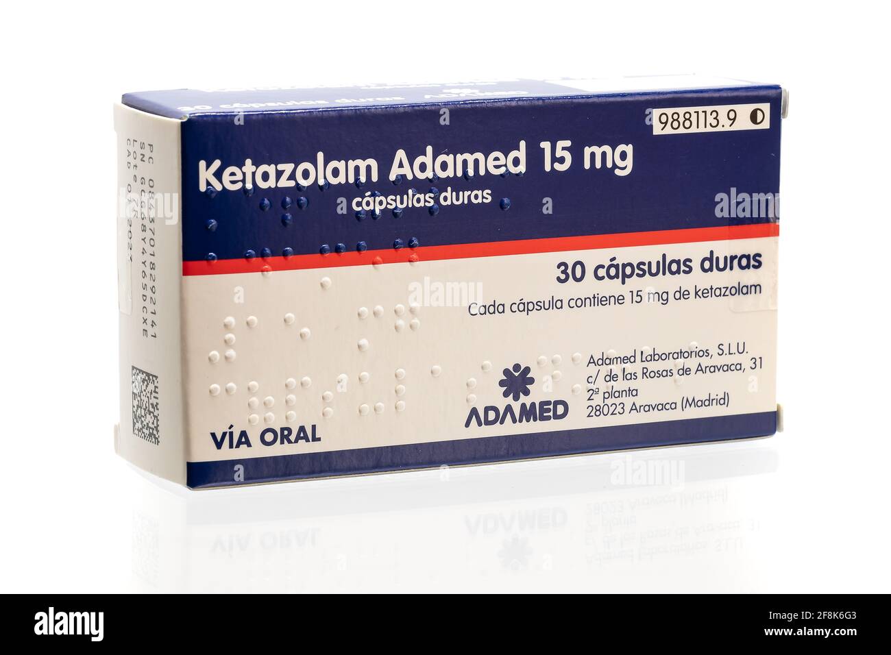 Huelva, Espagne - 14 avril 2021: Boîte espagnole de marque Ketazolam Adamed. Dérivé de benzodiazépine de médicament. Il possède anxiolytique, anticonvulsant, sedati Banque D'Images