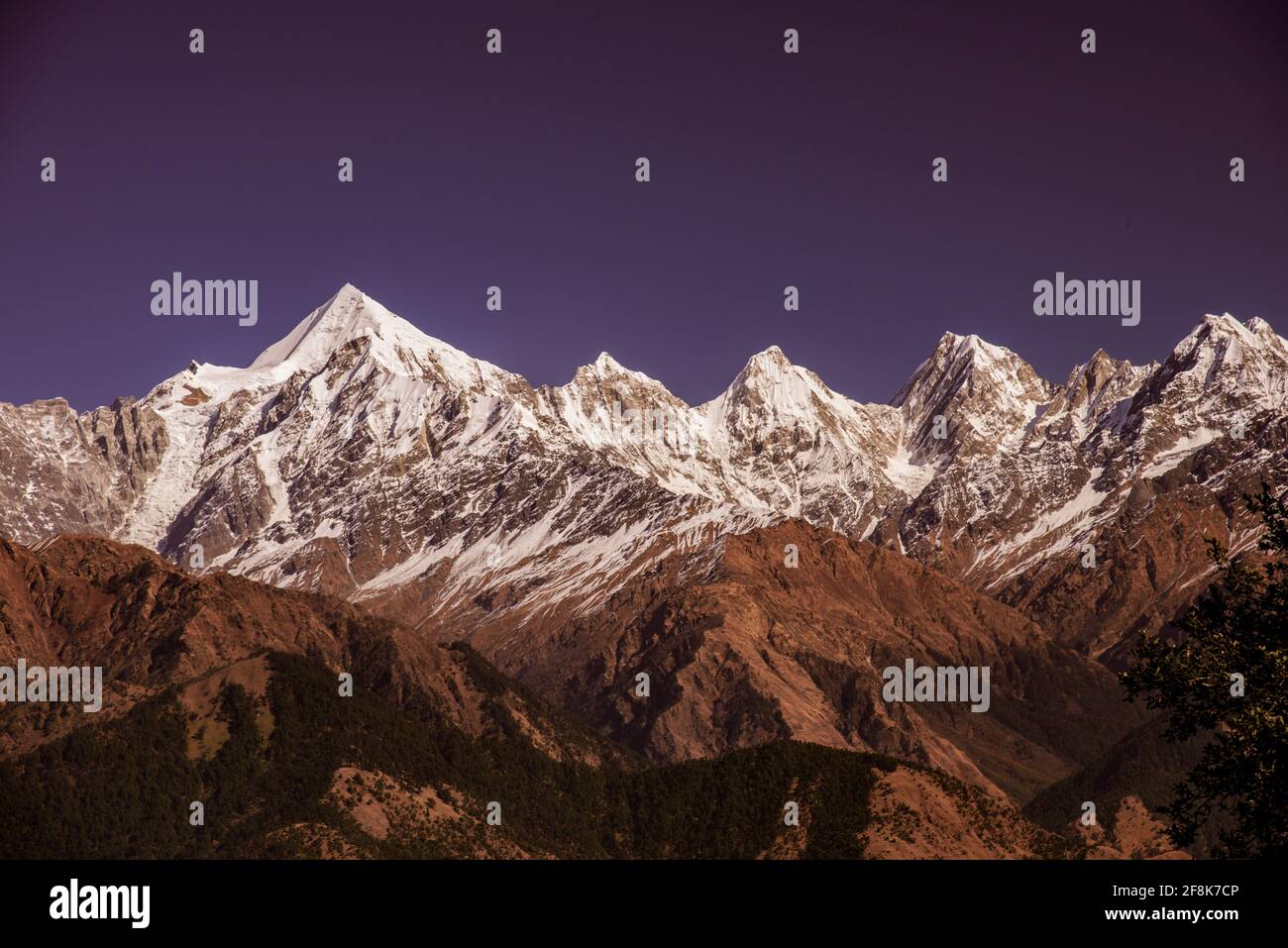 Vue sur les sommets enneigés de Panchchuli dans la grande Himalaya Chaîne de montagnes et prairies alpines en route vers Khalia Top trekk trail au petit hamle Banque D'Images