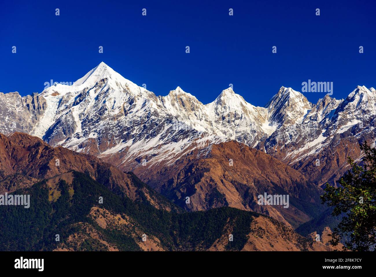 Vue sur les sommets enneigés de Panchchuli dans la grande Himalaya Chaîne de montagnes et prairies alpines en route vers Khalia Top trekk trail au petit hamle Banque D'Images