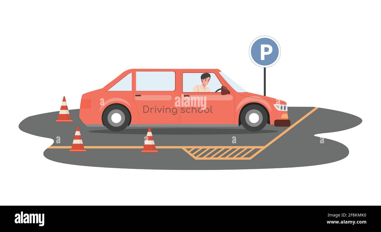 Illustration à plat du vecteur de conduite scolaire. Heureux souriant homme conduisant la voiture jaune et se préparant à passer les examens pour le permis de conduire. Voiture de personnage masculin à des leçons de conduite. Illustration de Vecteur