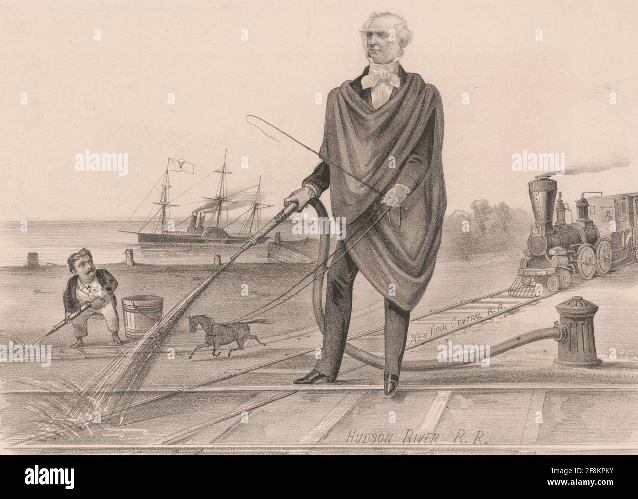 La statue dévoilée - le « tatouage » est le géant du chemin de fer Cornelius Vanderbilt, qui en 1869 a essayé sans succès d'assumer le contrôle du chemin de fer Érié de James Fisk en achetant son stock. Ici, il se trouve, comme le colosse de Rhodes, au carrefour du New York Central et des chemins de fer de la rivière Hudson qu'il possédait. Il pulvérise les chenilles avec un tuyau marqué « 270 » qui est fixé à une borne d'eau. Il tient aussi un fouet et les rênes d'un cheval. Un navire à vapeur en arrière-plan symbolise ses intérêts commerciaux en matière de transport maritime. À gauche, un petit Fisk arrose sa propre ligne, l'Érié, en utilisant un seau et Banque D'Images