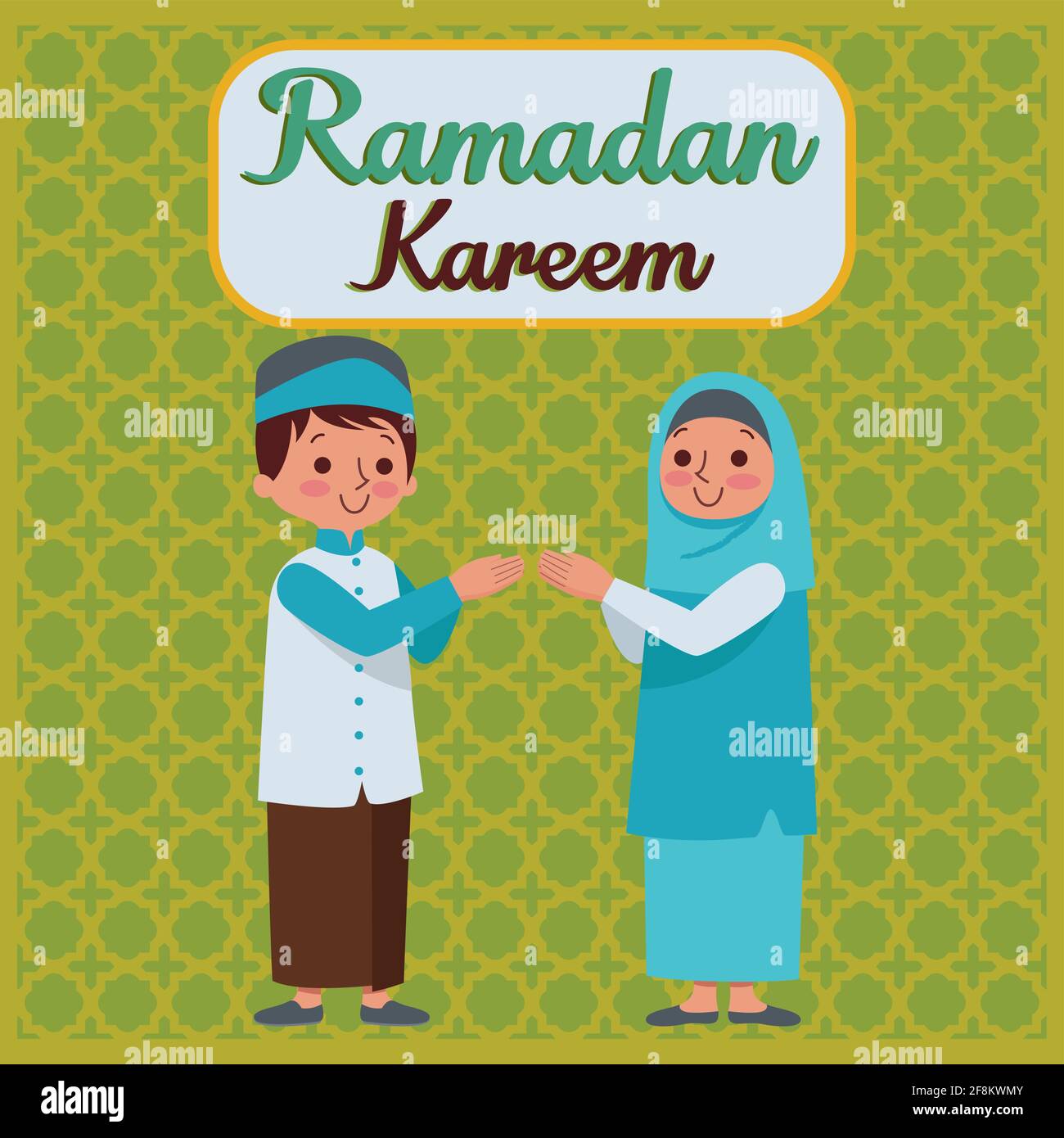 Deux enfants se secouent la main pour se pardonner l'un l'autre pour accueillir le mois du Ramadan. Illustration de Vecteur