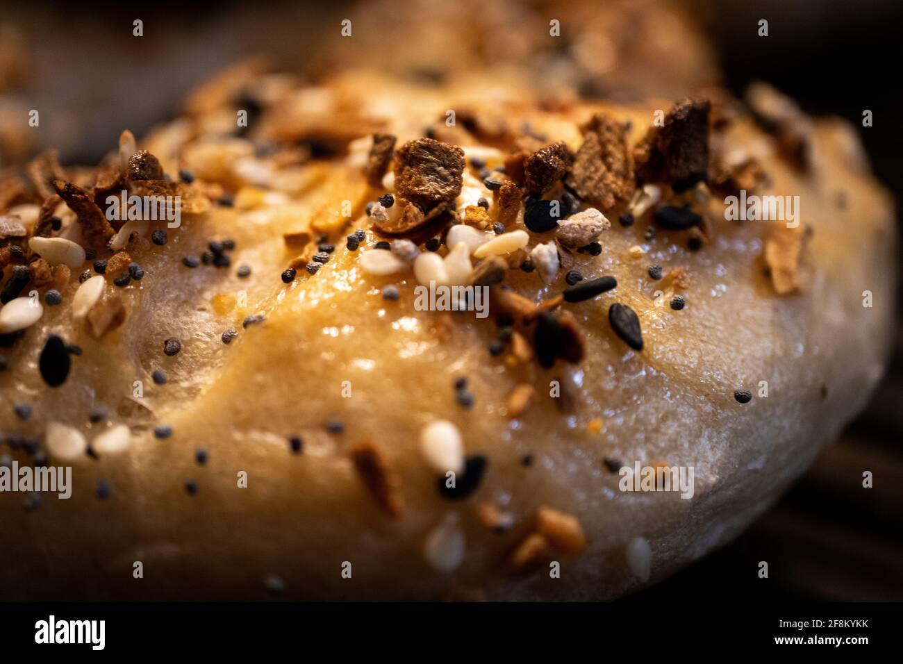 Photo macro de bagel avec assaisonnement de tout toasté proéminent Banque D'Images