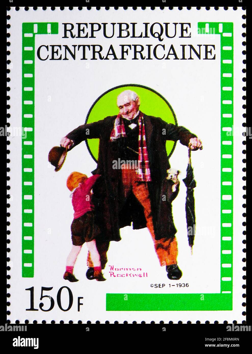 MOSCOU, RUSSIE - 5 OCTOBRE 2019 : timbre-poste imprimé en République centrafricaine présente des expositions, 4e anniversaire de la série Norman Rockwell, Banque D'Images