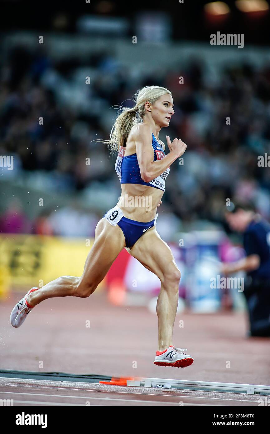 Londres. Emma Coburn dans la finale de la steeplechase de 3000m aux Championnats du monde 2017 à Athletics Londres. Banque D'Images