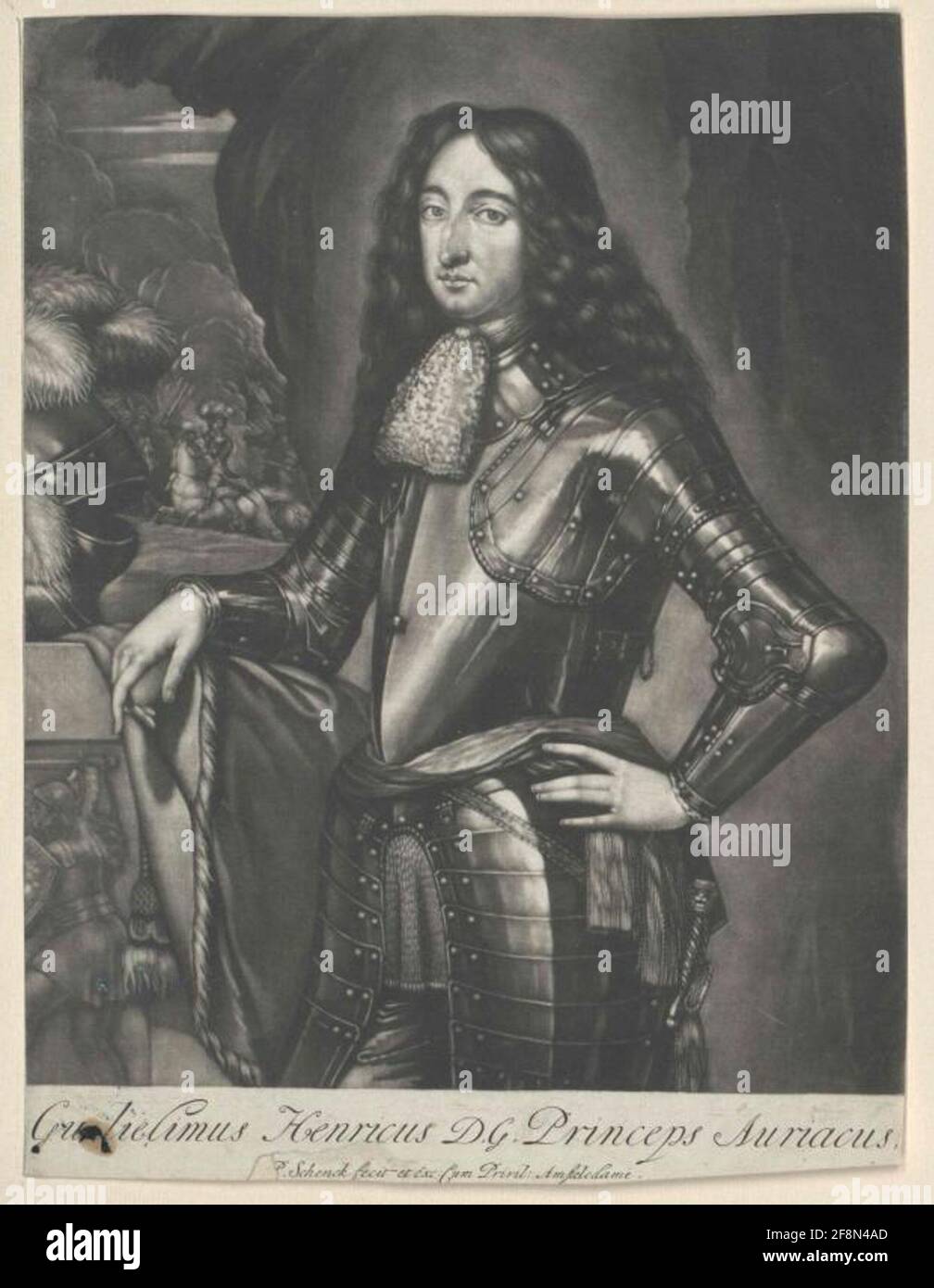 Wilhelm III., prince d'Orania, roi d'Angleterre, Kneestick rapide debout, 3/4 à partir de la gauche; avec perruque d'allon; à Harnic, avec jarre de dentelle, ferrand autour de la taille; la gauche dans la hanche gauche tiges, les droits sur la planche drapée contre le casque à ressort-orché stocké gauche dans la photo; derrière cette vue d'une force de combat citée par lui à cheval; sur la face avant de bord Illustration d'un Amazone (?) Avec une épée et un bouclier; sous la représentation de la pièce. Latin. Légende ; désignation numérotée, éditeur et note de privilège. Cône, fabriqué et en mouvement de Pieter Schenk, Amsterdam. Banque D'Images