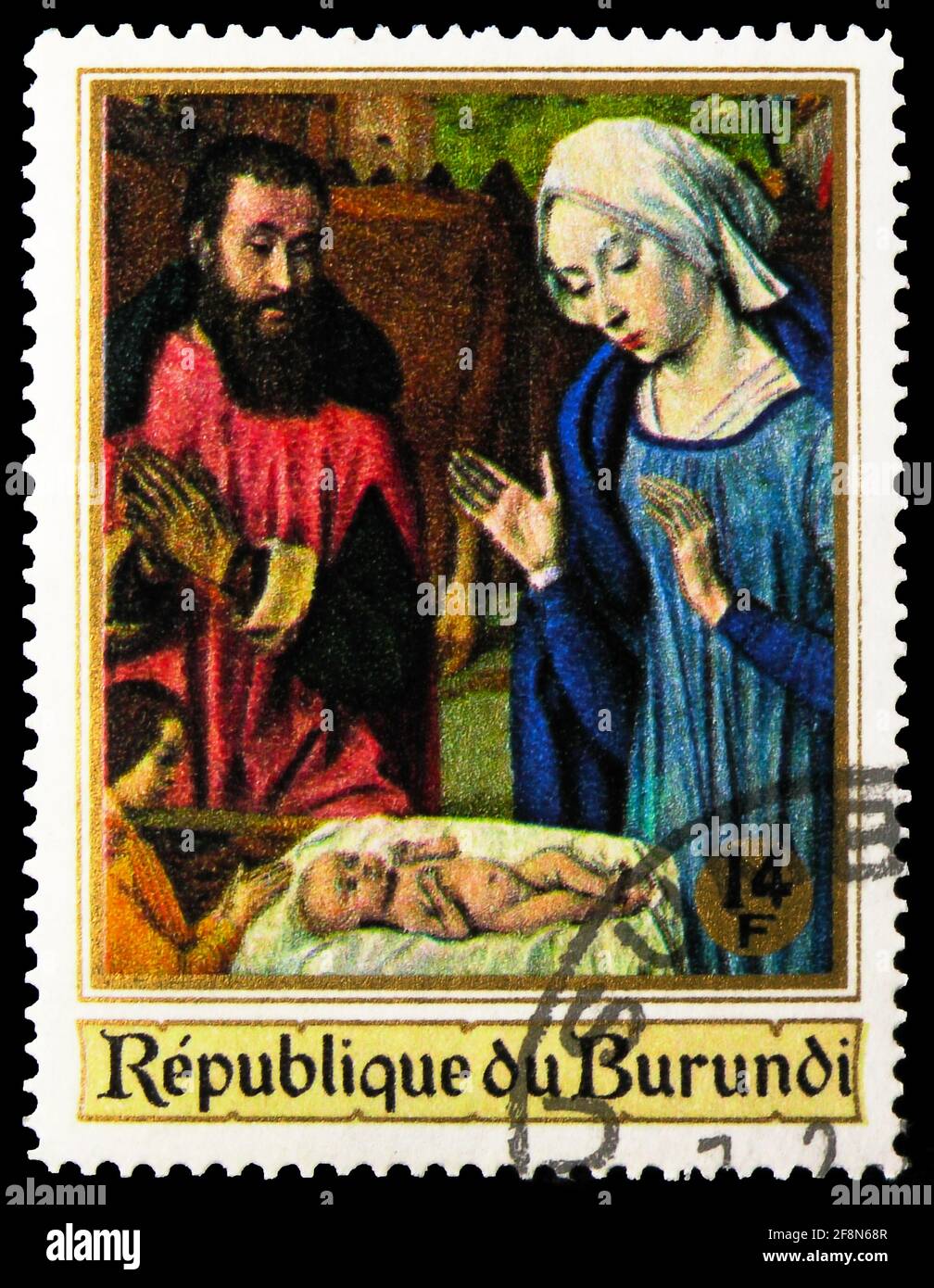 MOSCOU, RUSSIE - 30 SEPTEMBRE 2019: Timbre-poste imprimé au Burundi montre Nativité, 14 Fbu - franc burundais, série de Noël, vers 1967 Banque D'Images