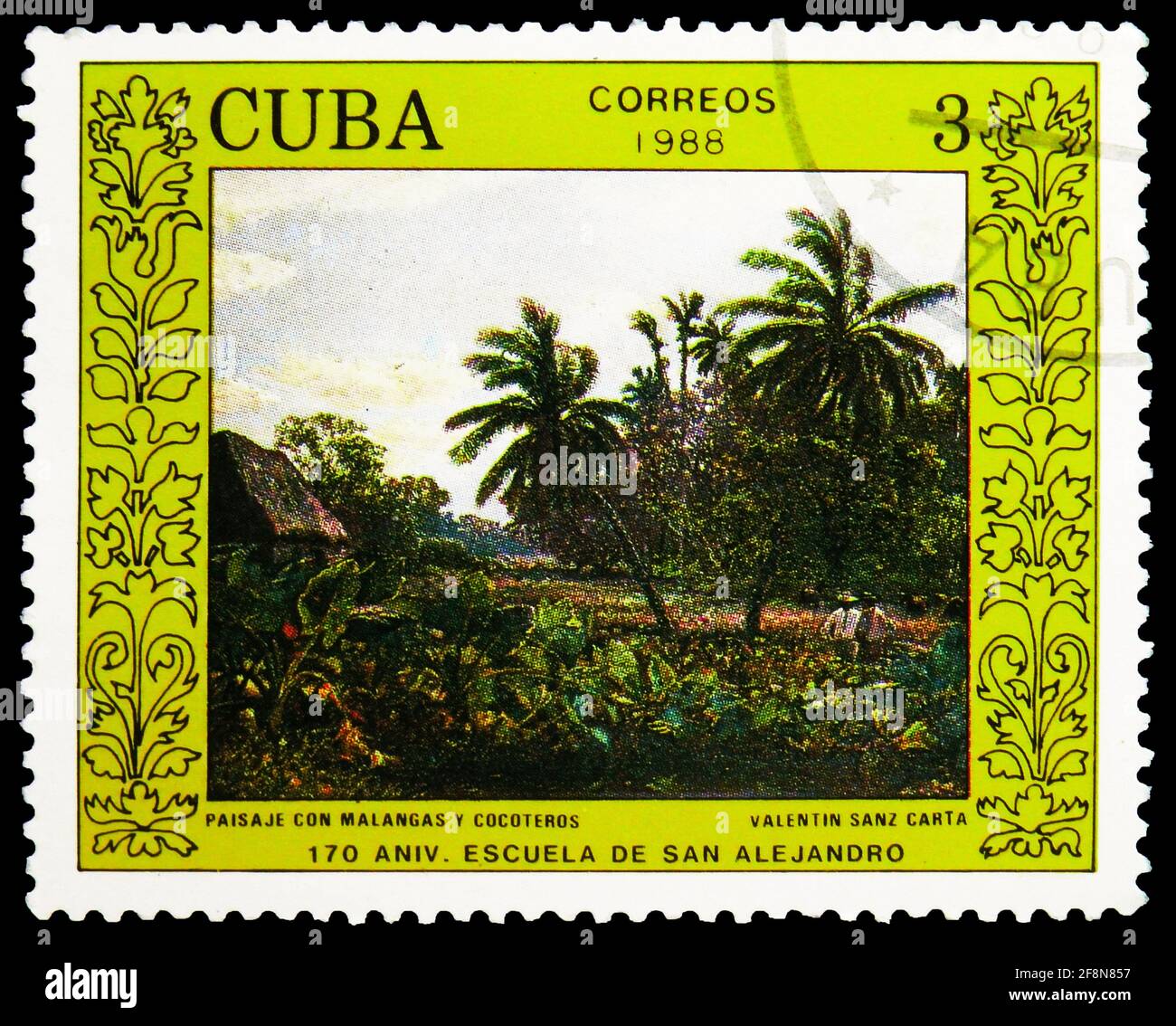 MOSCOU, RUSSIE - 30 SEPTEMBRE 2019 : timbre-poste imprimé à Cuba montre Paysage, par Valentin Sanz Carta, 170 ans de l'Académie d'Art San Alejandro Banque D'Images