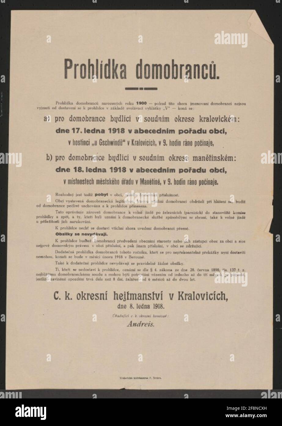 Pays tempête modèle - Kralowitz - en tchèque pays-âge année de naissance 1900 - collecte des dates pour les districts judiciaires et les municipalités - Mitz-based documents and details on the patterns - no-show is puni - K.K. Équipe principale de district à Kralowitz, le 8 janvier 1918 - The Reering K.K. Compresseur de district Andreis Banque D'Images